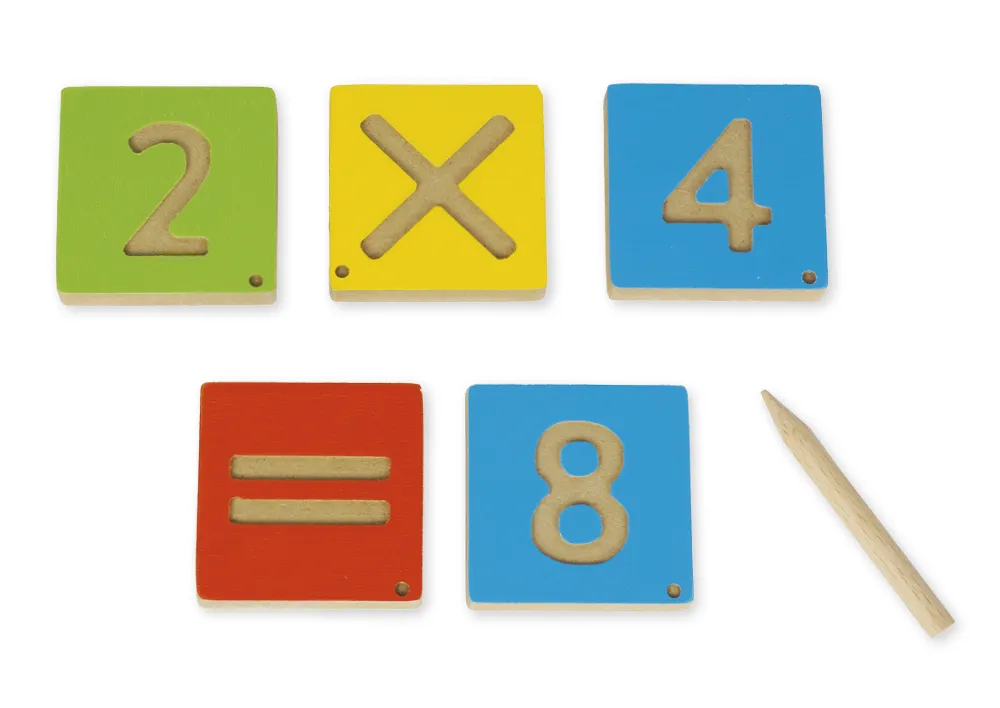 Zahlen-Platten 1-20, 6x6 cm, mit Rechenzeichen und Griffel, in Holzbox