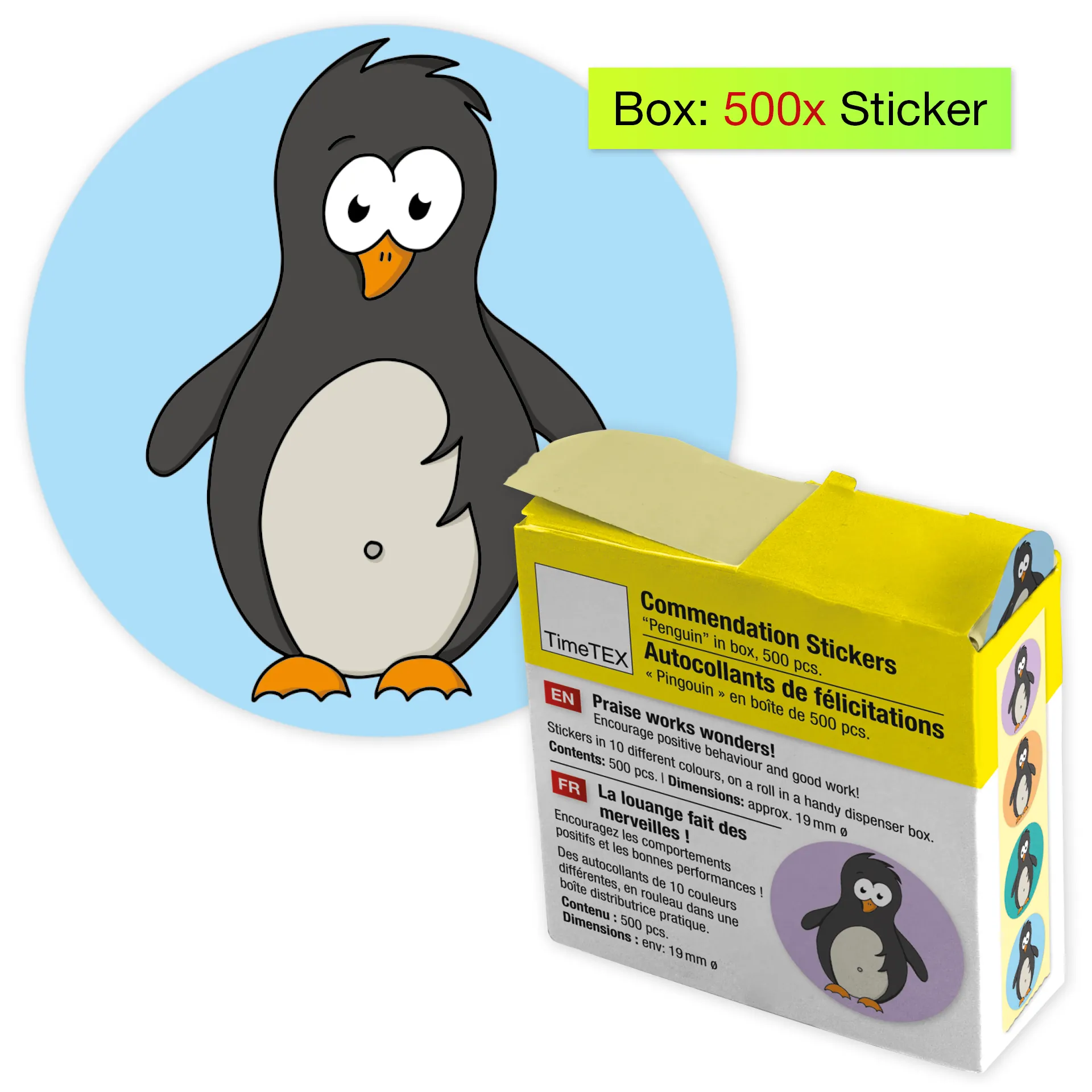 Belobigungs-Aufkleber "Pinguin" in Spender-Box, 500 Stück