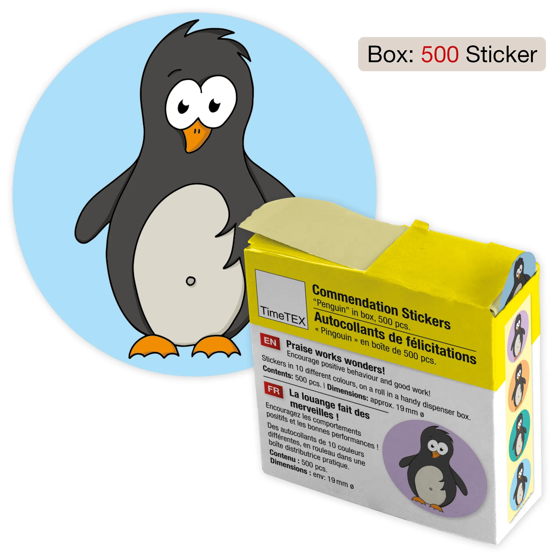 Belobigungs-Aufkleber "Pinguin" in Spender-Box, 500 Stück