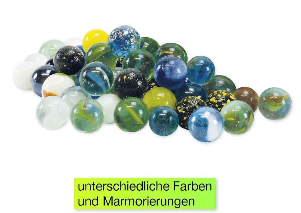 Glas-Murmeln "Faszination" in Box, 144 Stück, ca. 16 mm ø