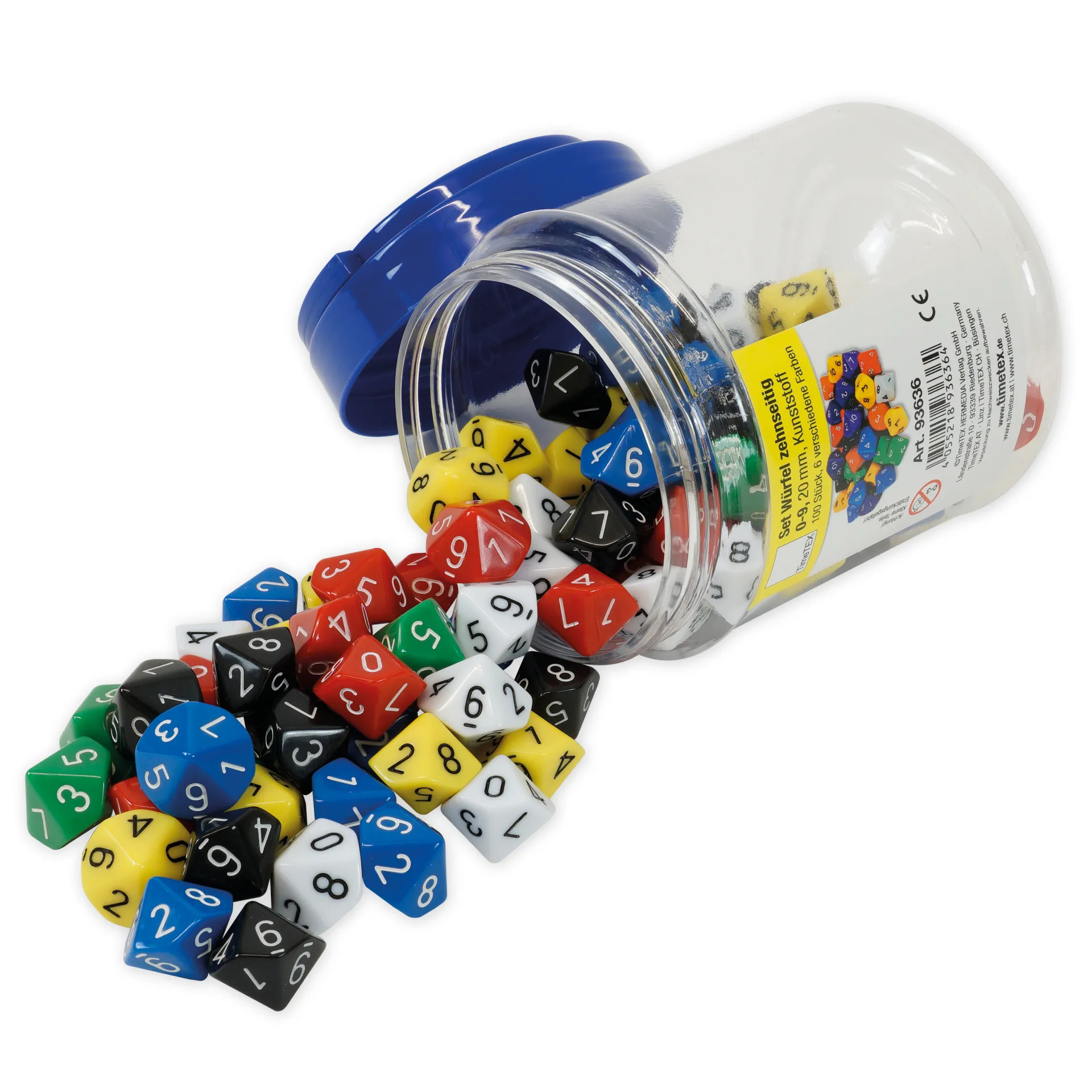 Set Würfel zehnseitig 0-9 (Einer), 100 Stück in Dose