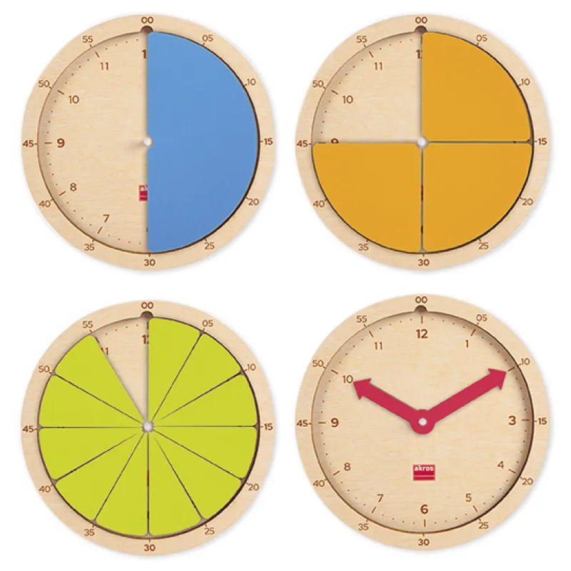 Zeit- und Bruchrechen-Uhr aus Holz, 22,5 cm ø, 19-tlg.