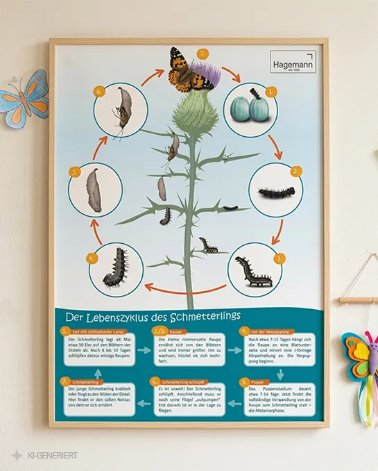 Poster auf dem der Lebenszyklus eines Schmetterlings beschrieben wird