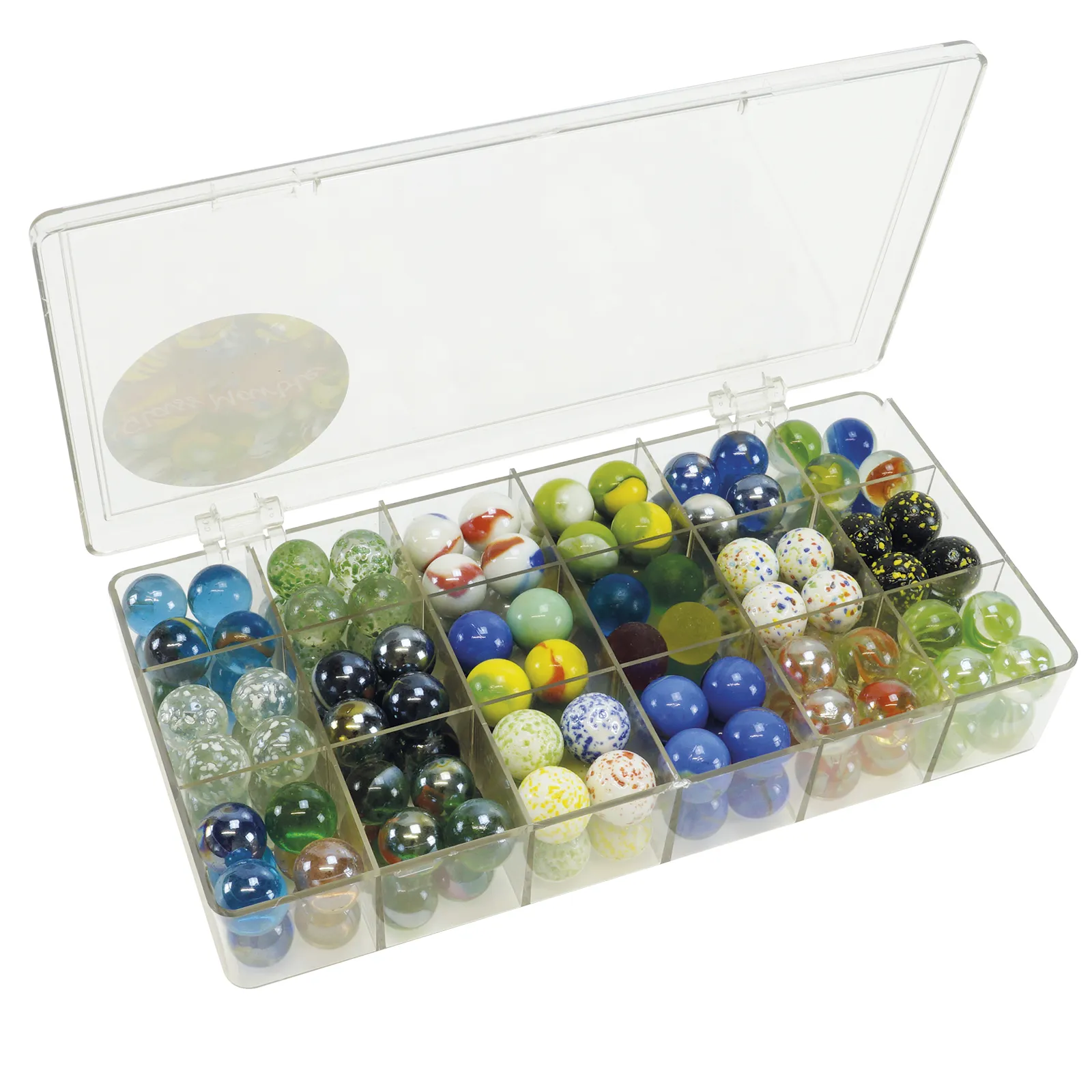Glas-Murmeln "Faszination" in Box, 144 Stück, ca. 16 mm ø