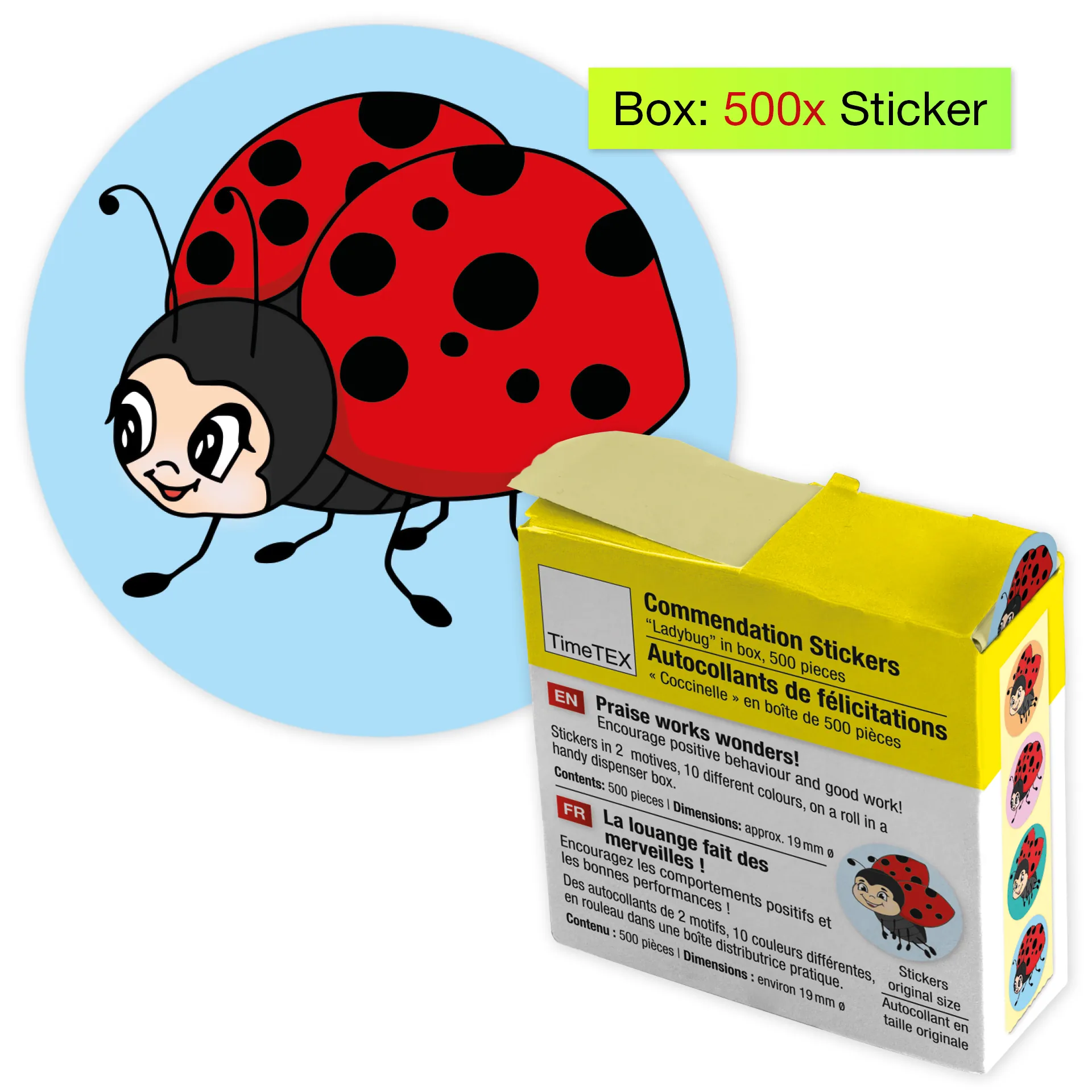 Belobigungs-Aufkleber "Marienkäfer" in Spender-Box, 500 Stück
