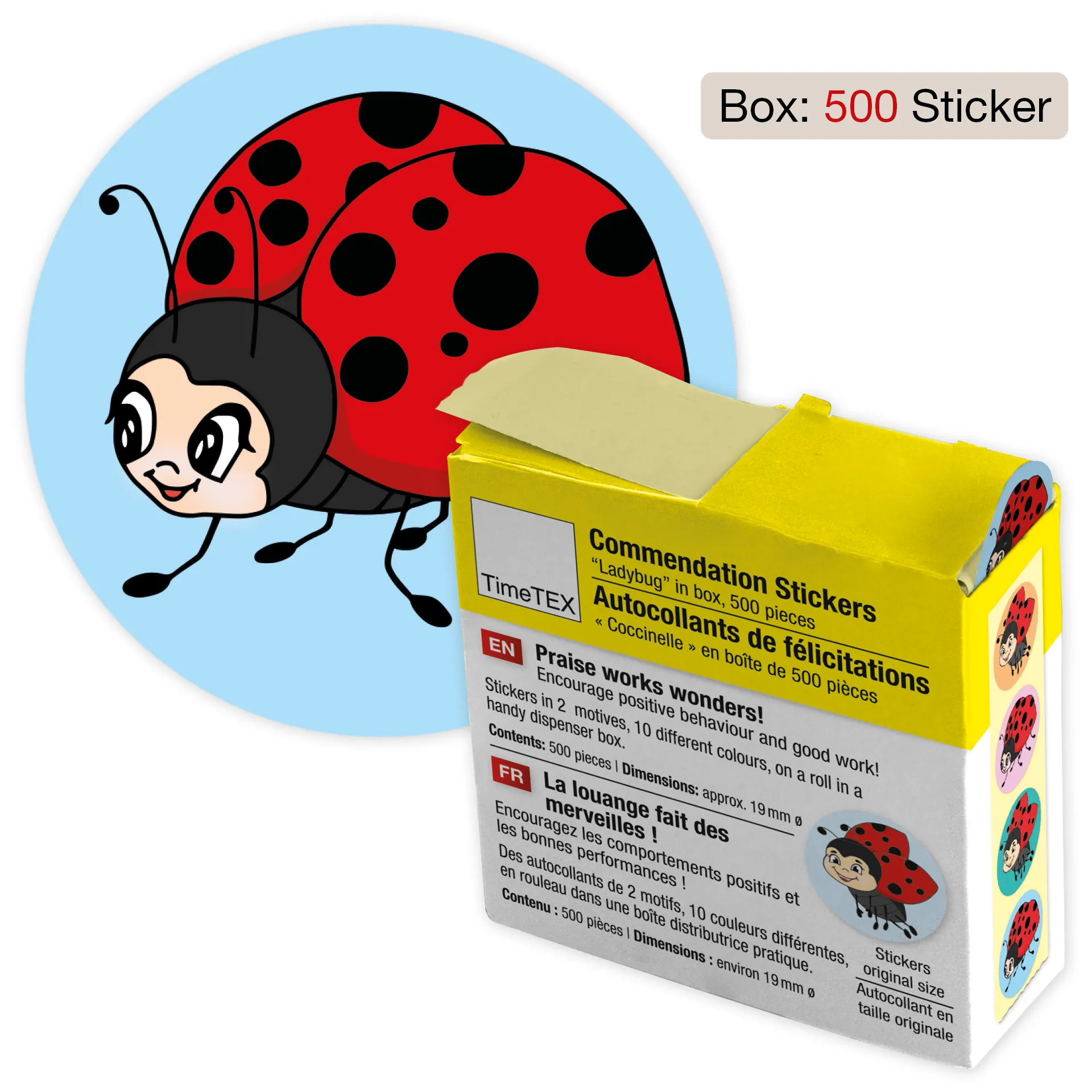 Belobigungs-Aufkleber "Marienkäfer" in Spender-Box, 500 Stück