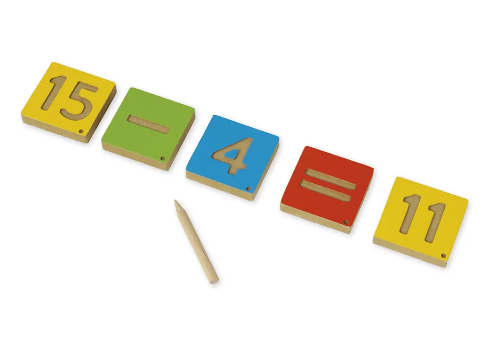 Zahlen-Platten 1-20, 6x6 cm, mit Rechenzeichen und Griffel, in Holzbox