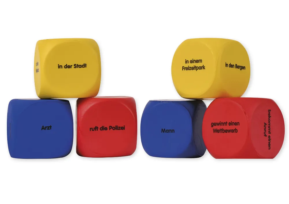 Set Flüster-Würfel 6-tlg. Deutsch "Geschichten-Einstieg", 4 cm