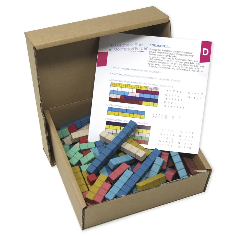 Rechenstäbe aus RE-Wood "Montessori-Farben", 100-tlg., im Karton "Montessori Premium"
