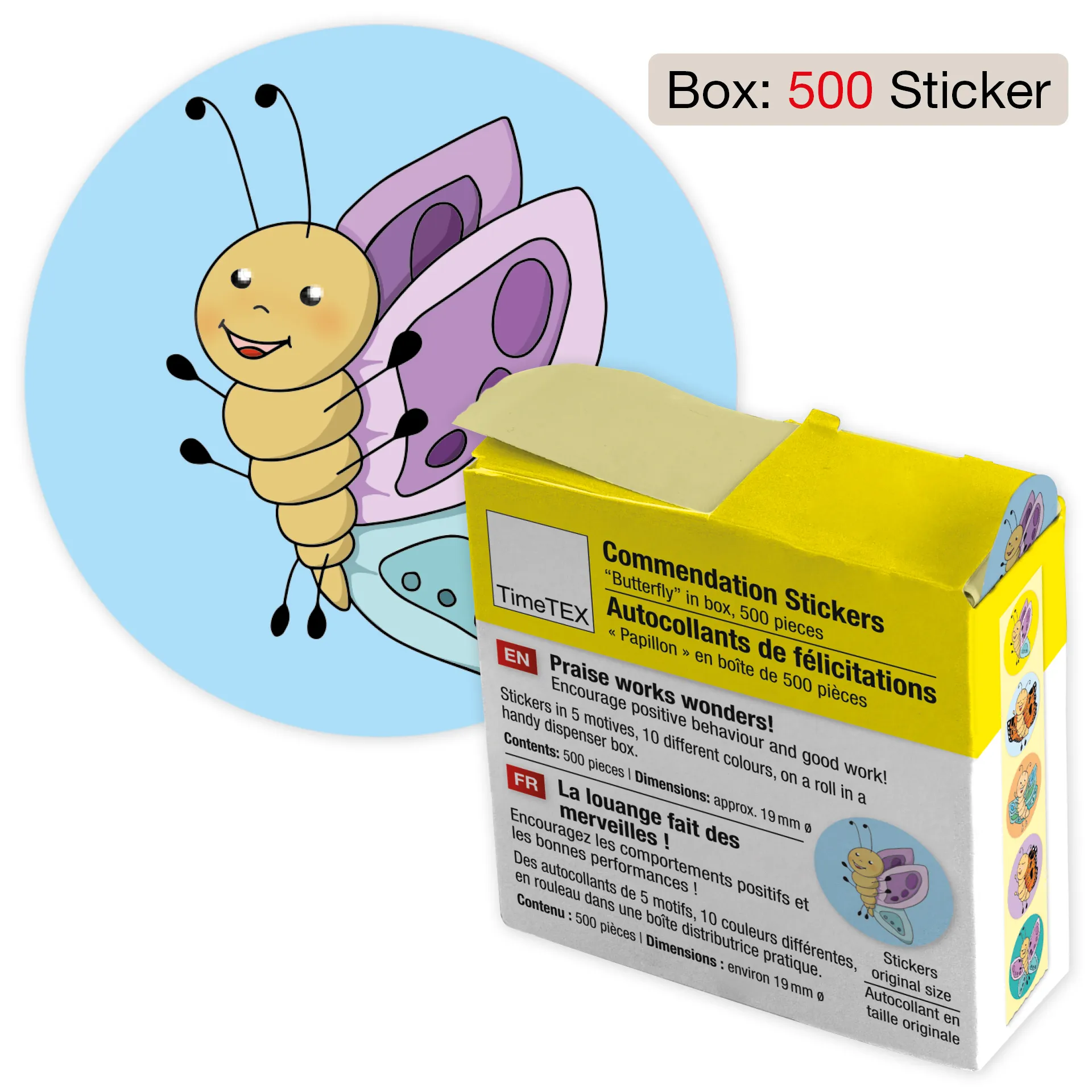 Belobigungs-Aufkleber "Schmetterling" in Spender-Box, 500 Stück