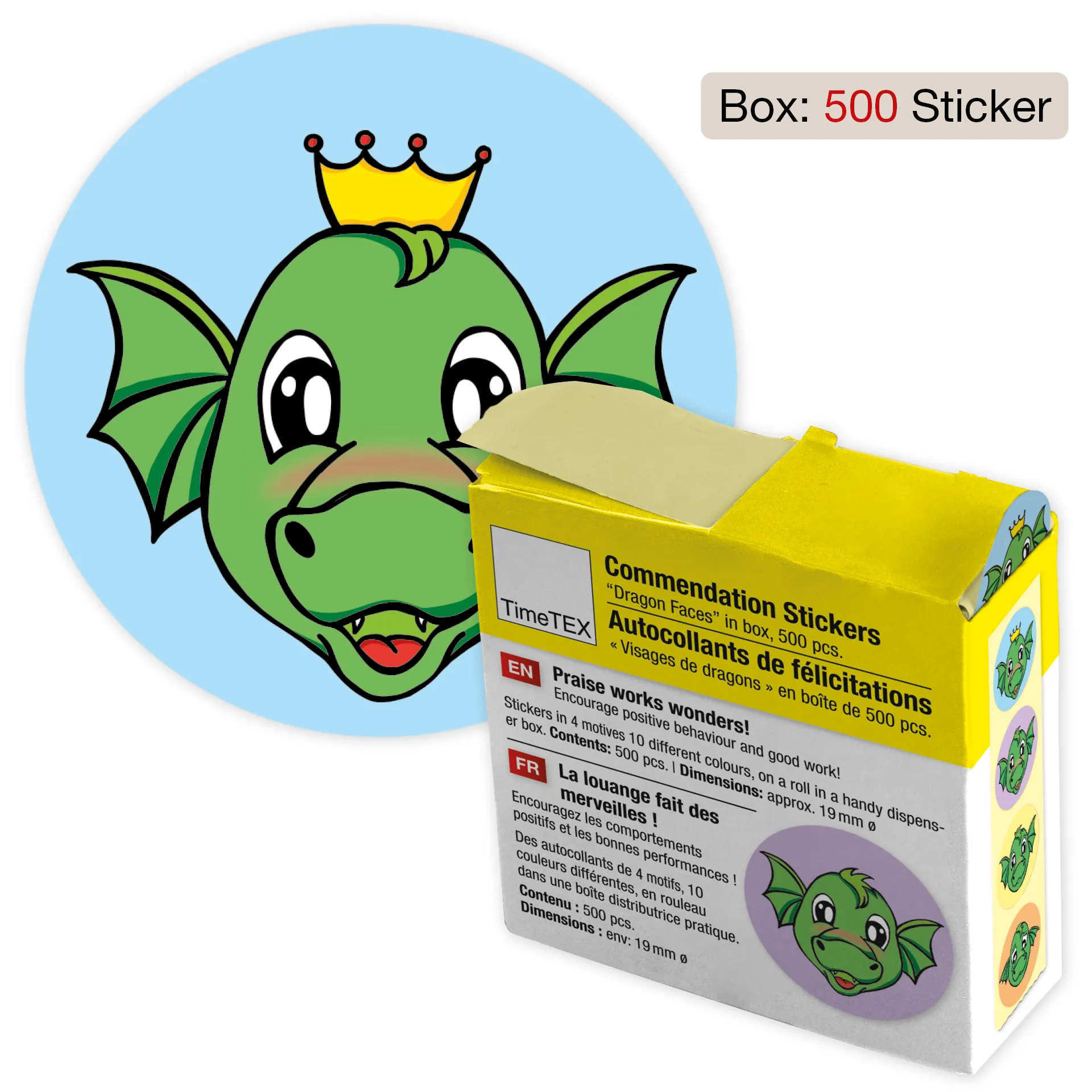 Belobigungs-Aufkleber "Drachen-Gesichter" in Spender-Box, 500 Stück