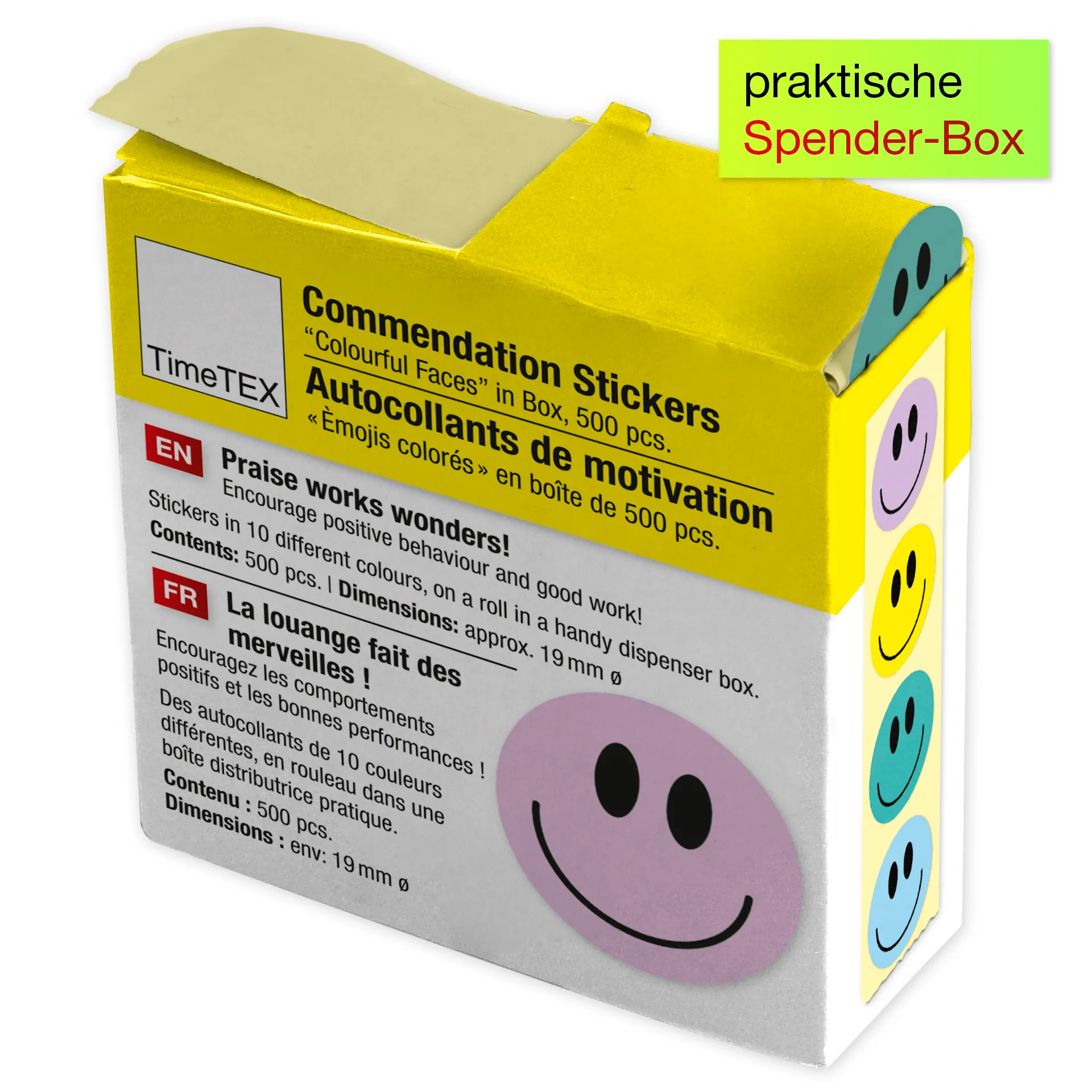 Belobigungs-Aufkleber "Gesichter bunt" in Spender-Box, 500 Stück