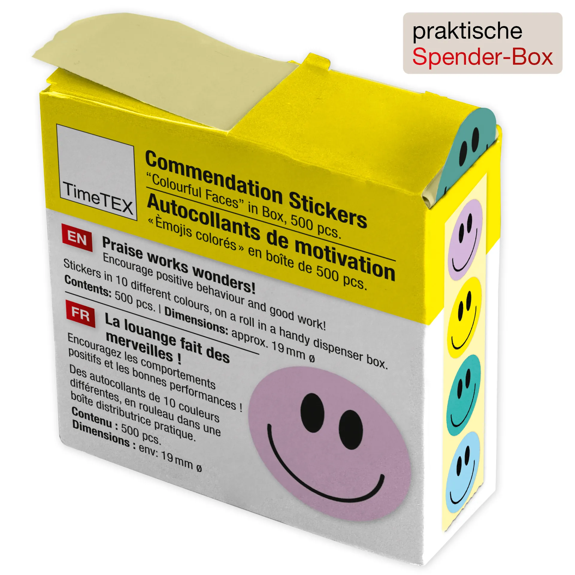 Belobigungs-Aufkleber "Gesichter bunt" in Spender-Box, 500 Stück