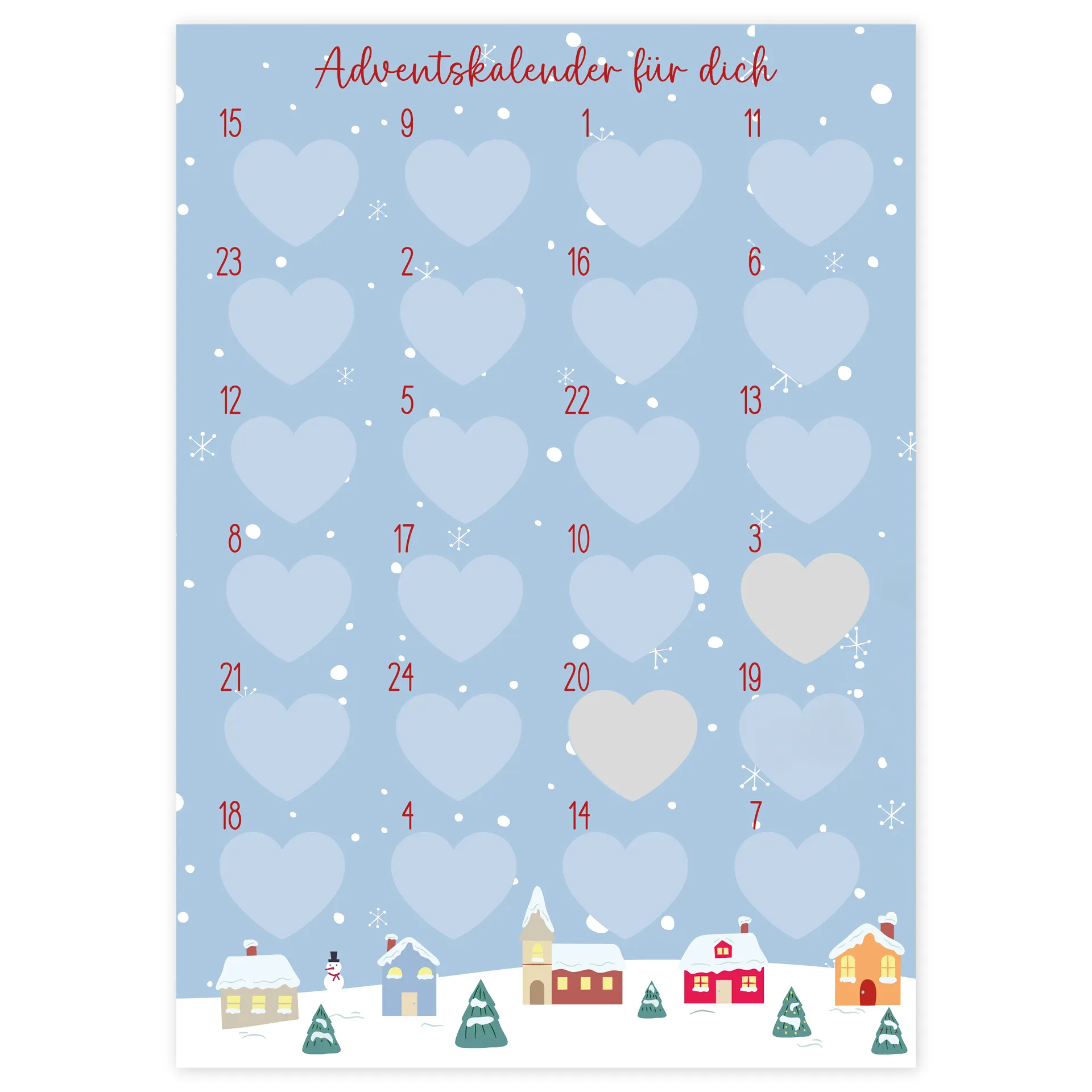 Rubbel-Adventskalender "Schnee und Herzen", 25-tlg.