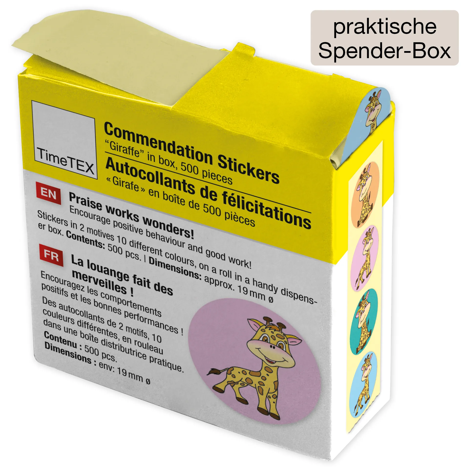 Belobigungs-Aufkleber "Giraffe" in Spender-Box, 500 Stück