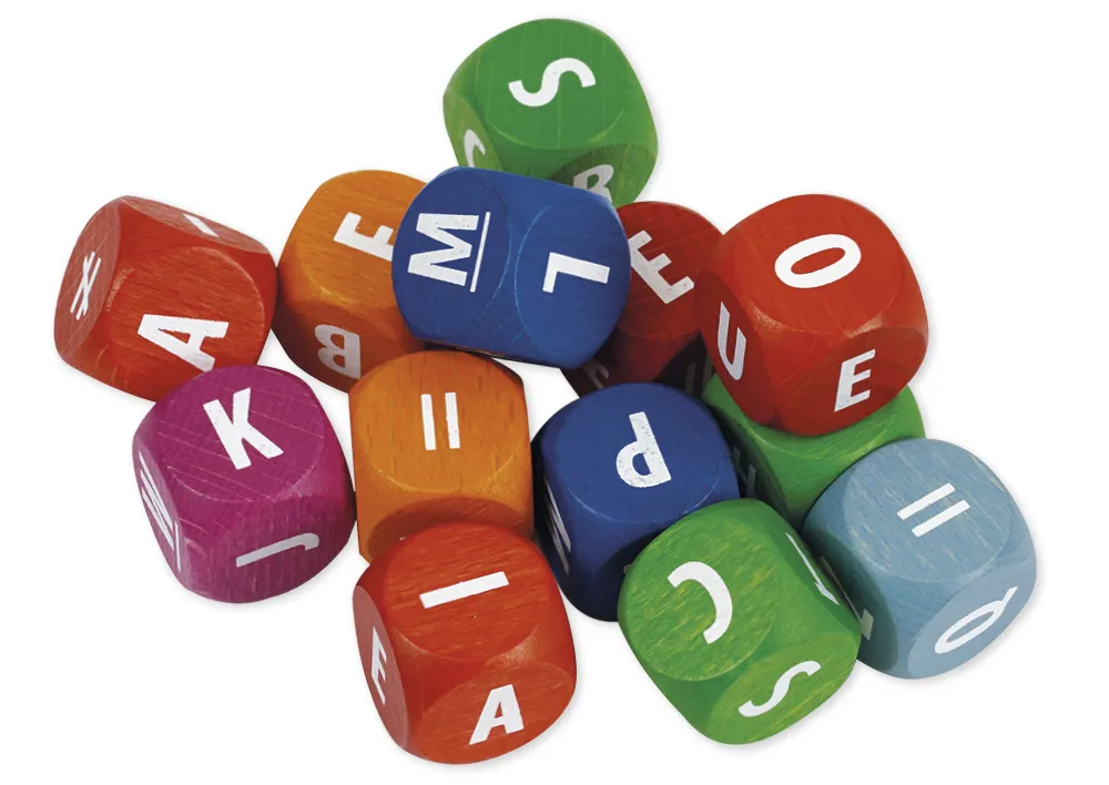 Würfel-Set "Rollende Würfel" ABC, 13-tlg. in Box, aus Holz