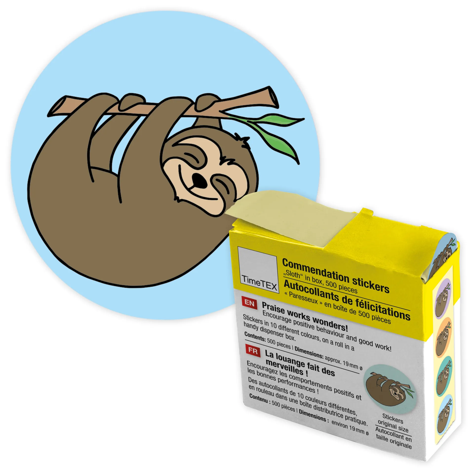 Belobigungs-Aufkleber "Faultier" in Spender-Box, 500 Stück