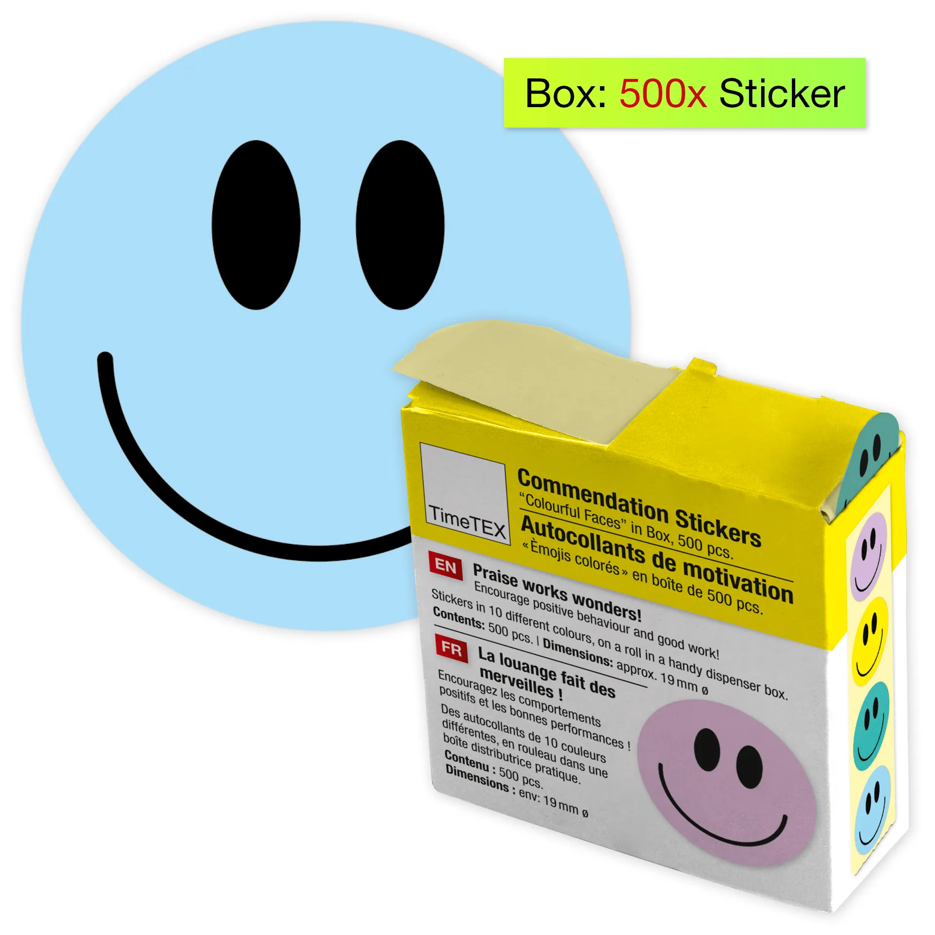 Belobigungs-Aufkleber "Gesichter bunt" in Spender-Box, 500 Stück