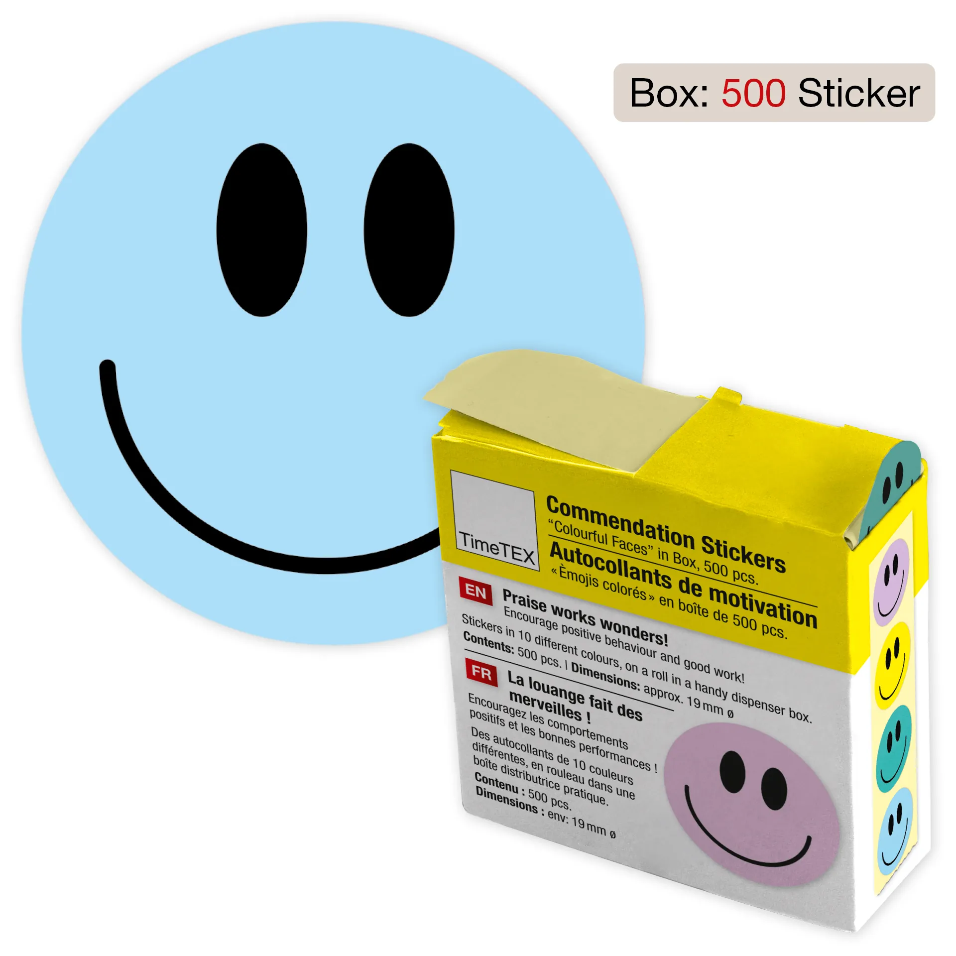 Belobigungs-Aufkleber "Gesichter bunt" in Spender-Box, 500 Stück