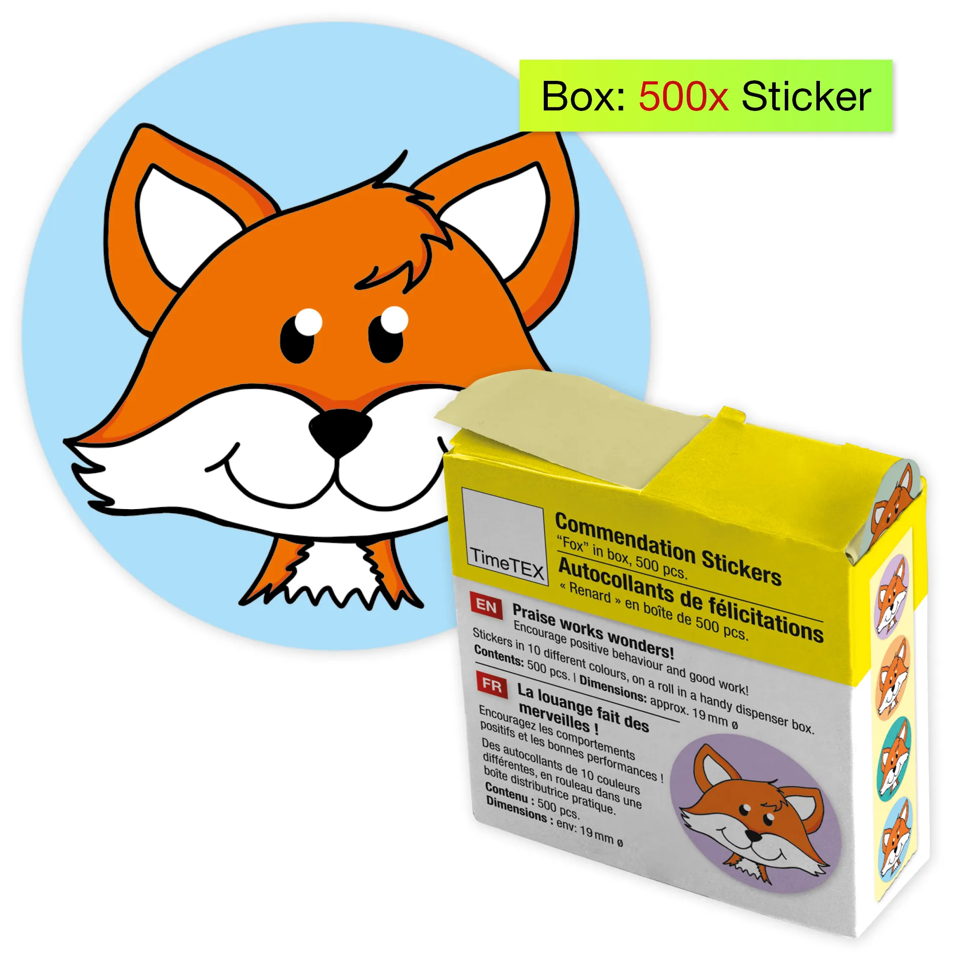 Belobigungs-Aufkleber "Fuchs" in Spender-Box, 500 Stück