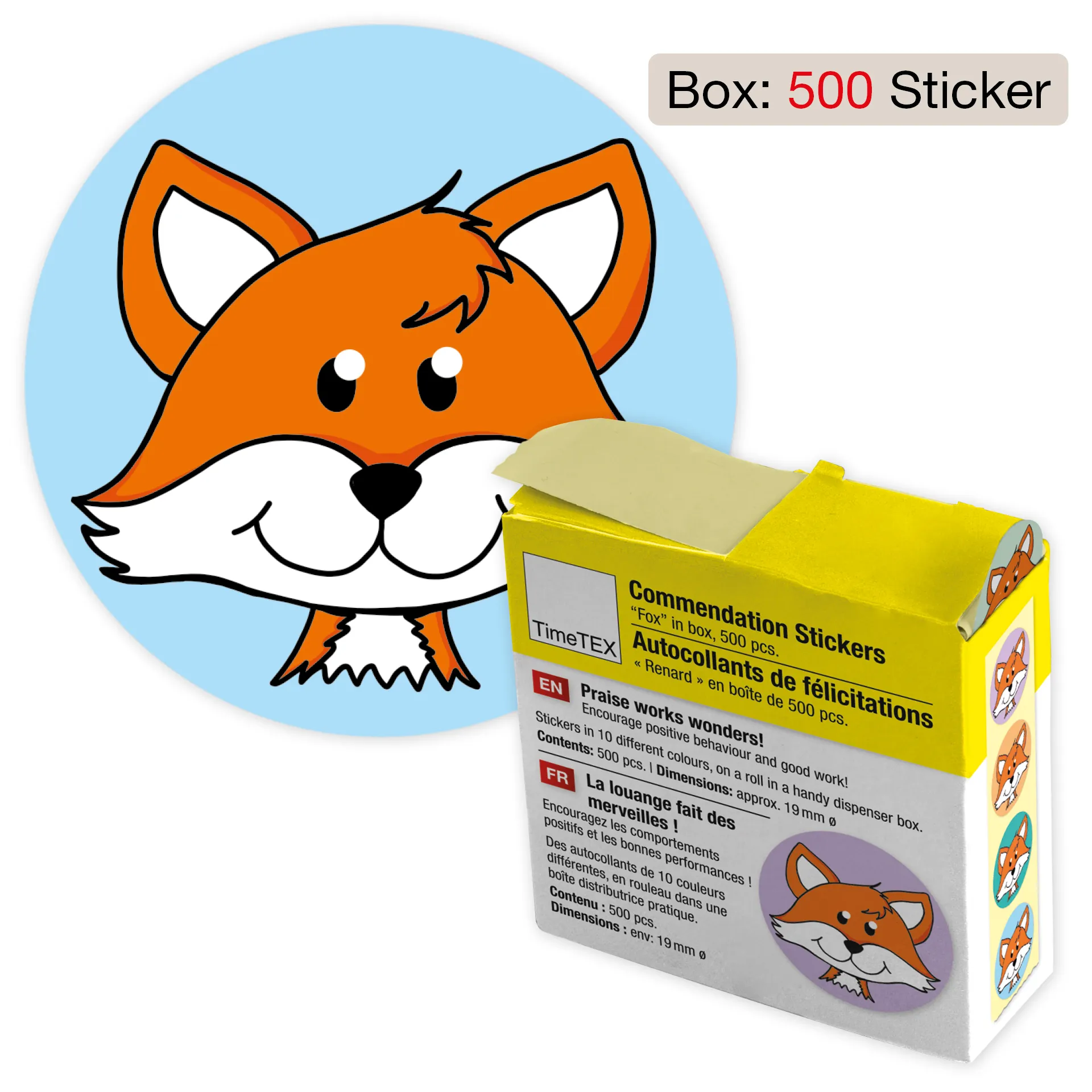 Belobigungs-Aufkleber "Fuchs" in Spender-Box, 500 Stück