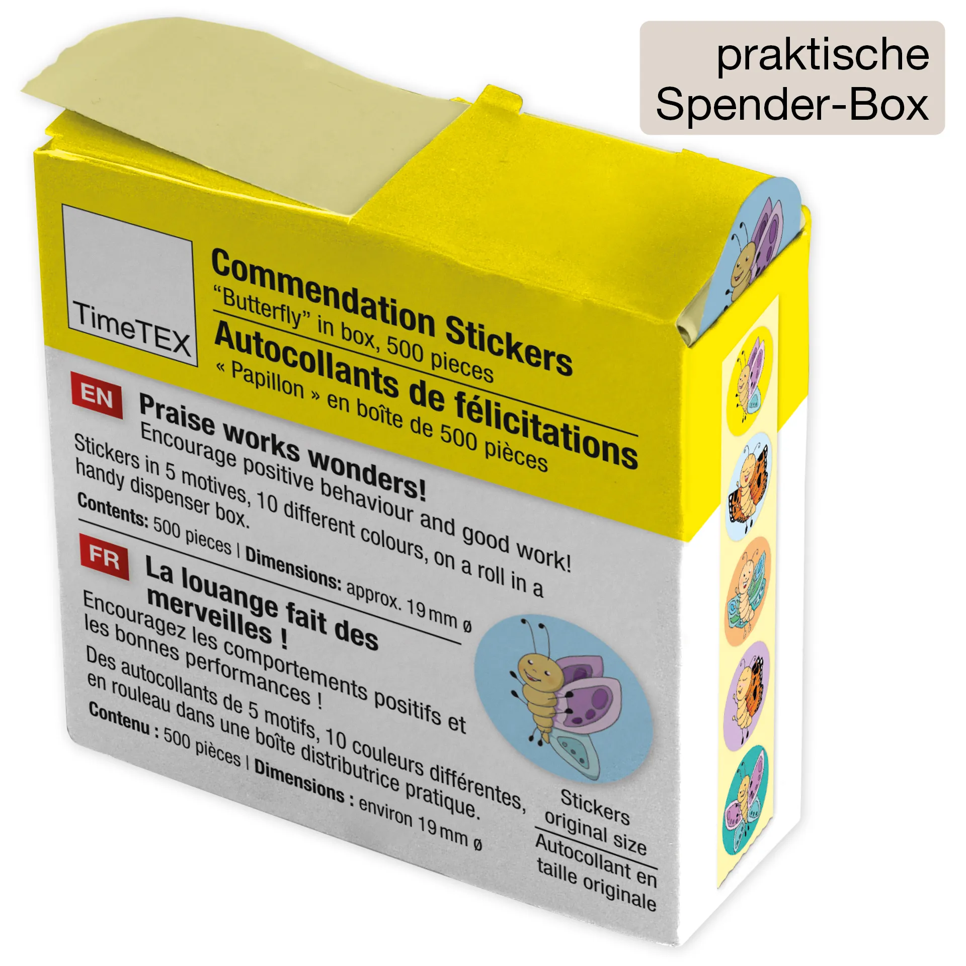 Belobigungs-Aufkleber "Schmetterling" in Spender-Box, 500 Stück