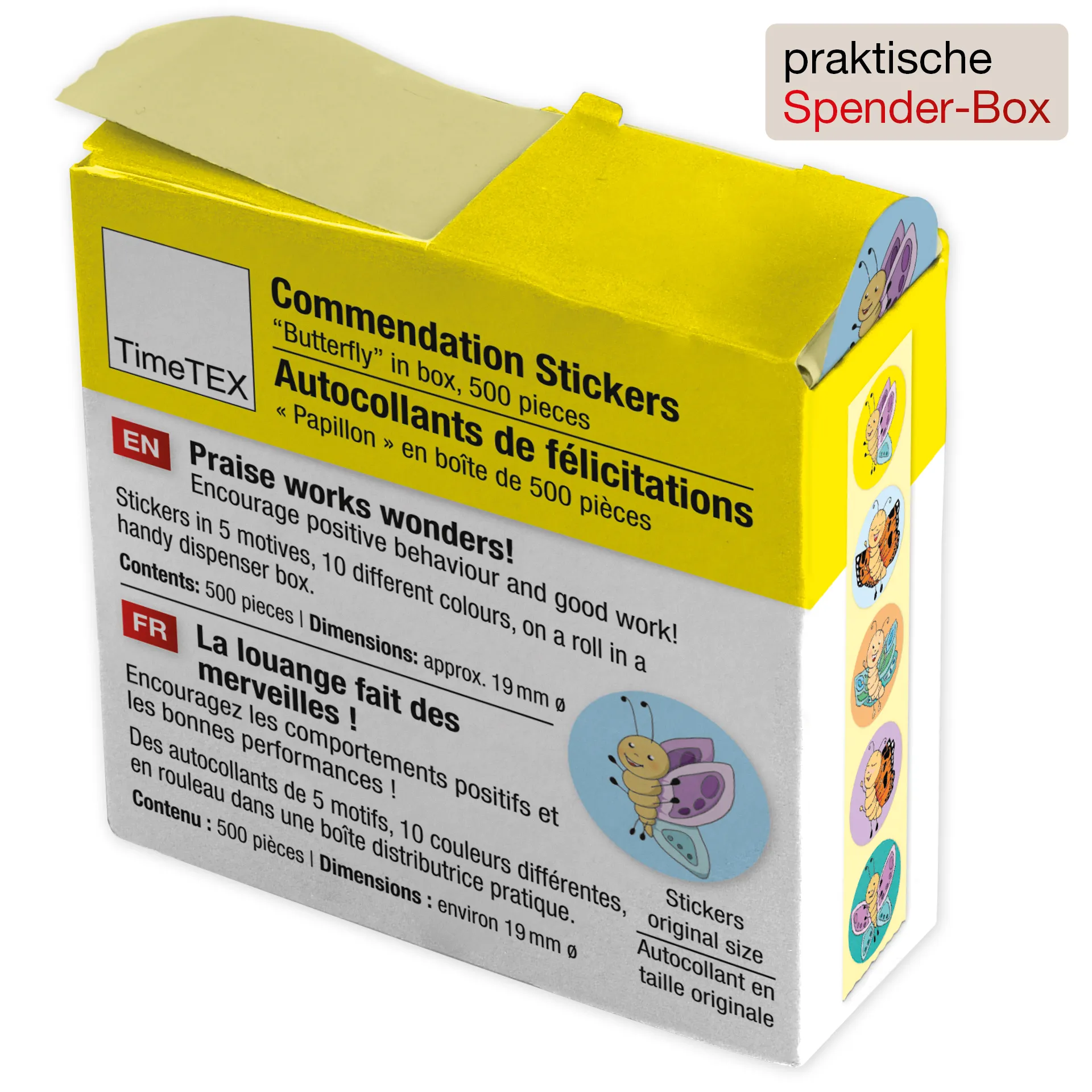 Belobigungs-Aufkleber "Schmetterling" in Spender-Box, 500 Stück