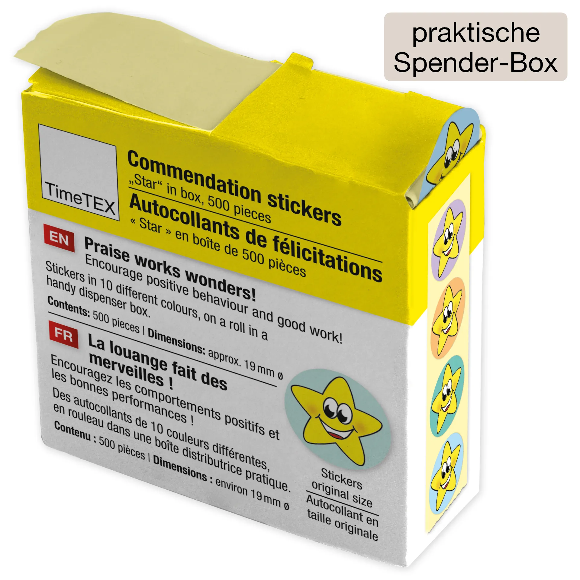 Belobigungs-Aufkleber "Sternchen bunt" in Spender-Box, 500 Stück