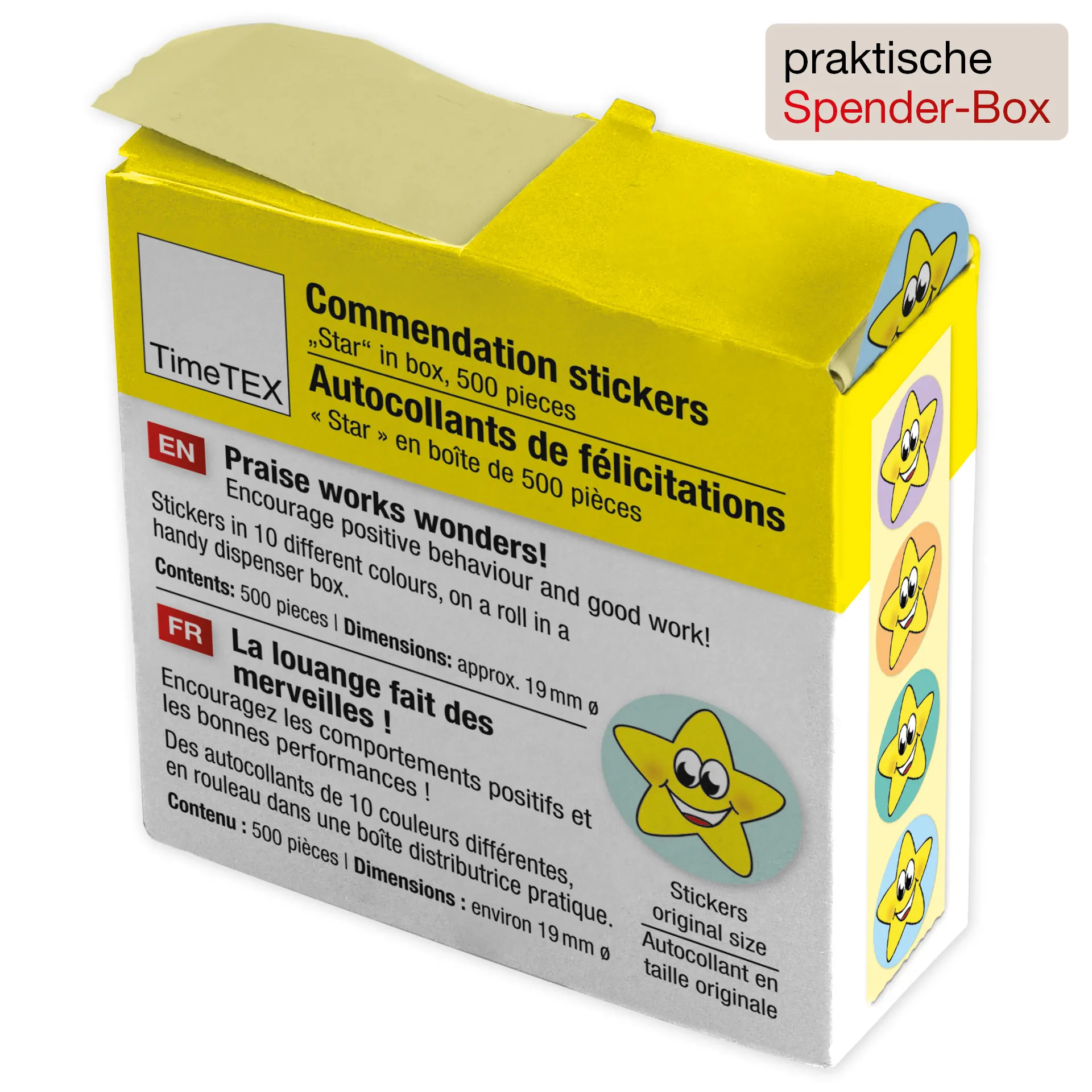 Belobigungs-Aufkleber "Sternchen bunt" in Spender-Box, 500 Stück