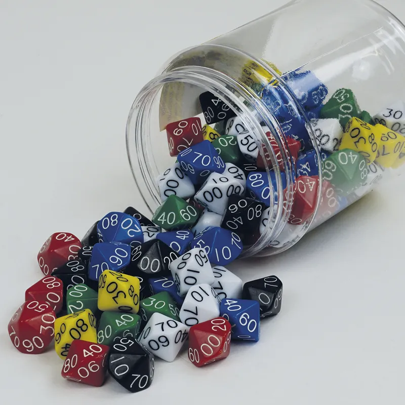 Set Würfel zehnseitig 00-90 (Zehner), 100 Stück in Dose