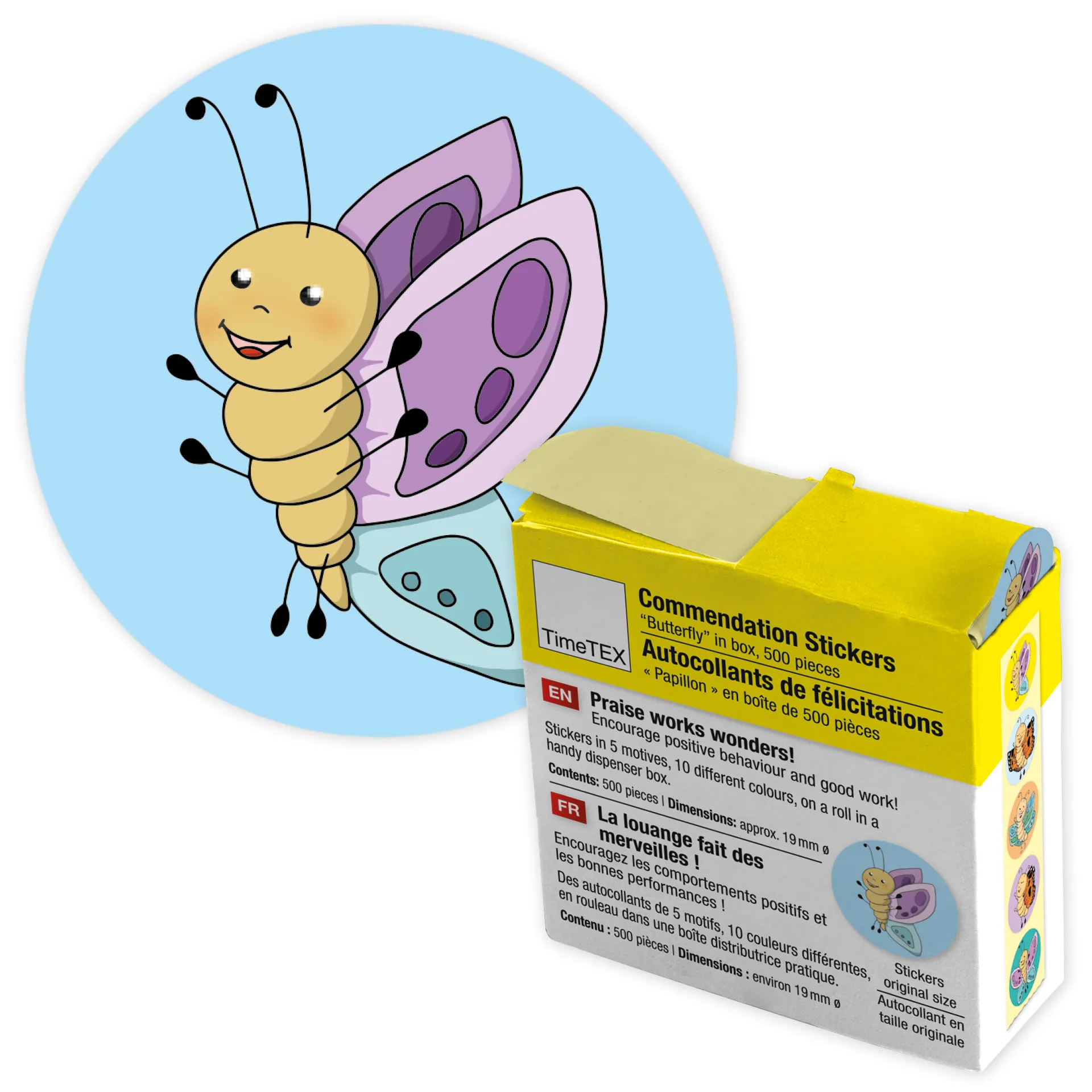 Belobigungs-Aufkleber "Schmetterling" in Spender-Box, 500 Stück