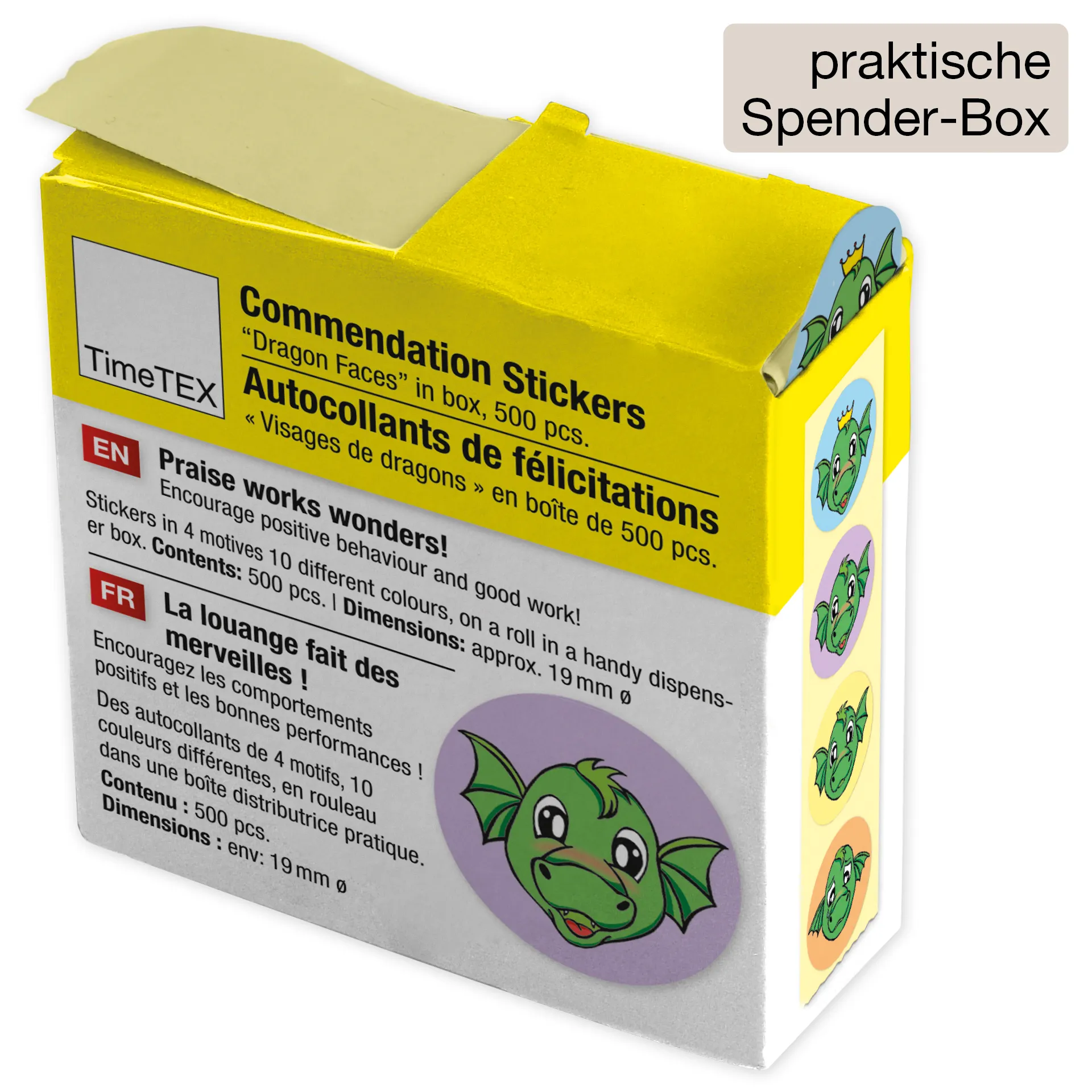 Belobigungs-Aufkleber "Drachen-Gesichter" in Spender-Box, 500 Stück