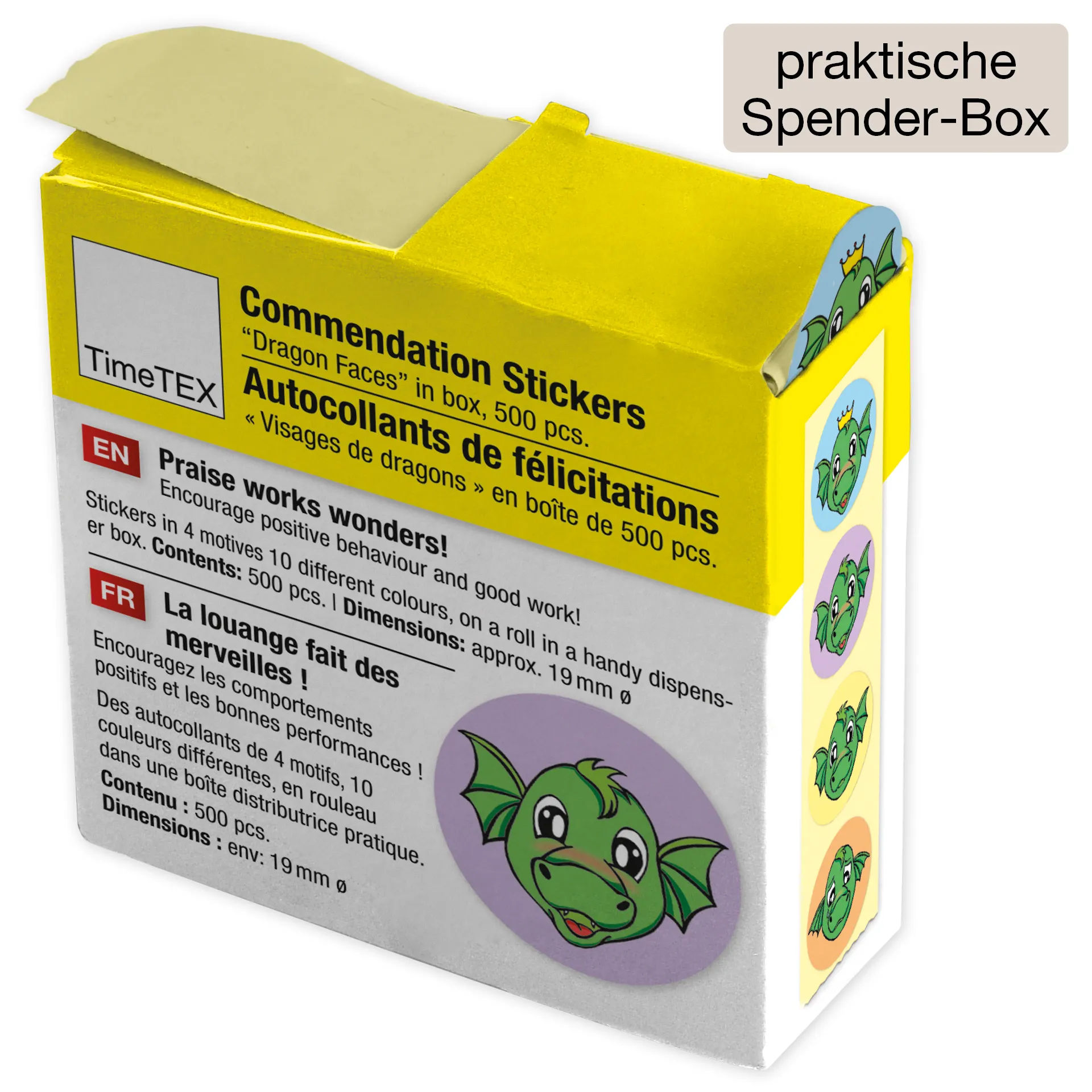 Belobigungs-Aufkleber "Drachen-Gesichter" in Spender-Box, 500 Stück