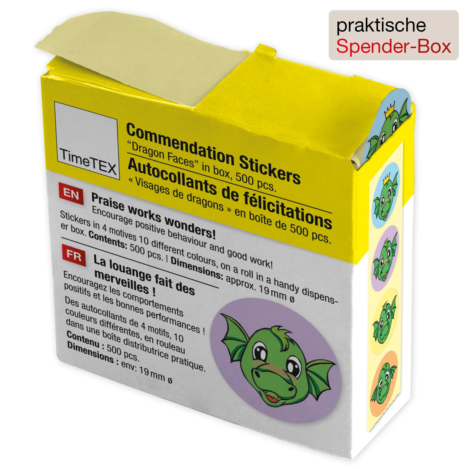 Belobigungs-Aufkleber "Drachen-Gesichter" in Spender-Box, 500 Stück