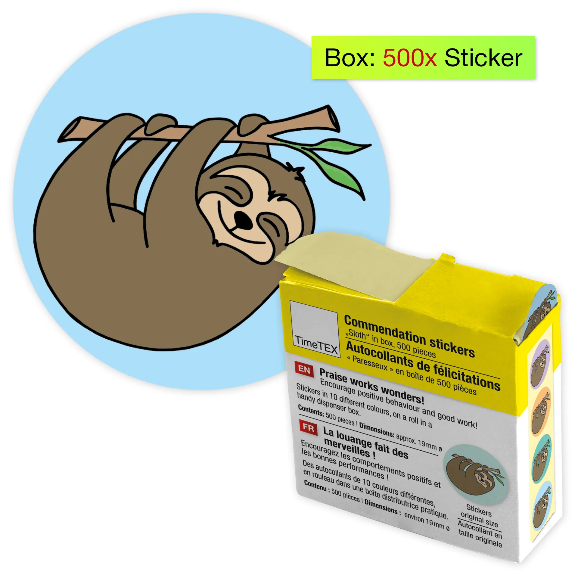Belobigungs-Aufkleber "Faultier" in Spender-Box, 500 Stück