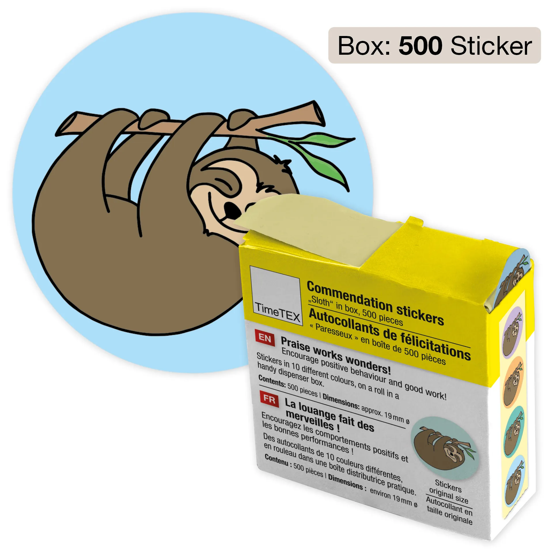 Belobigungs-Aufkleber "Faultier" in Spender-Box, 500 Stück