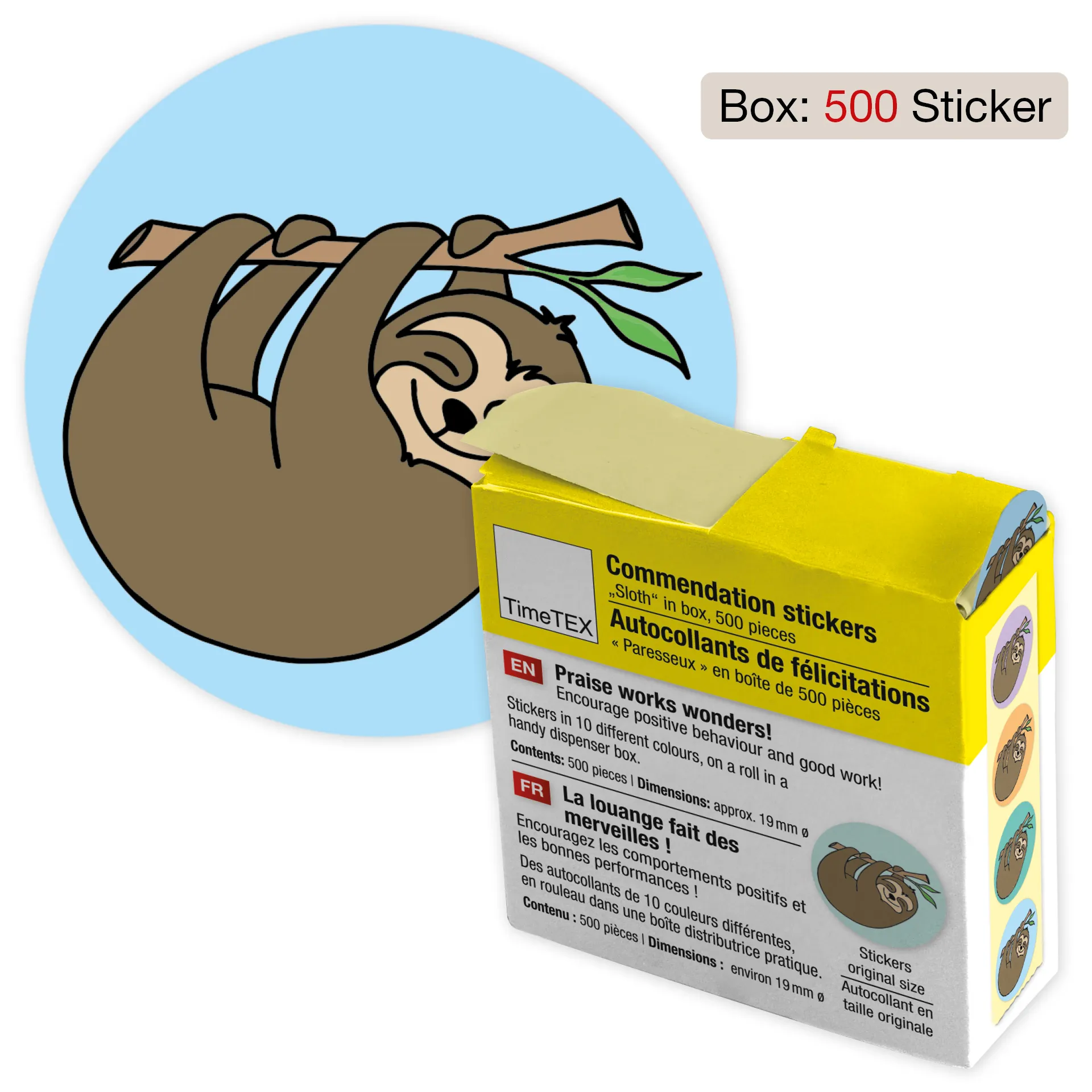 Belobigungs-Aufkleber "Faultier" in Spender-Box, 500 Stück