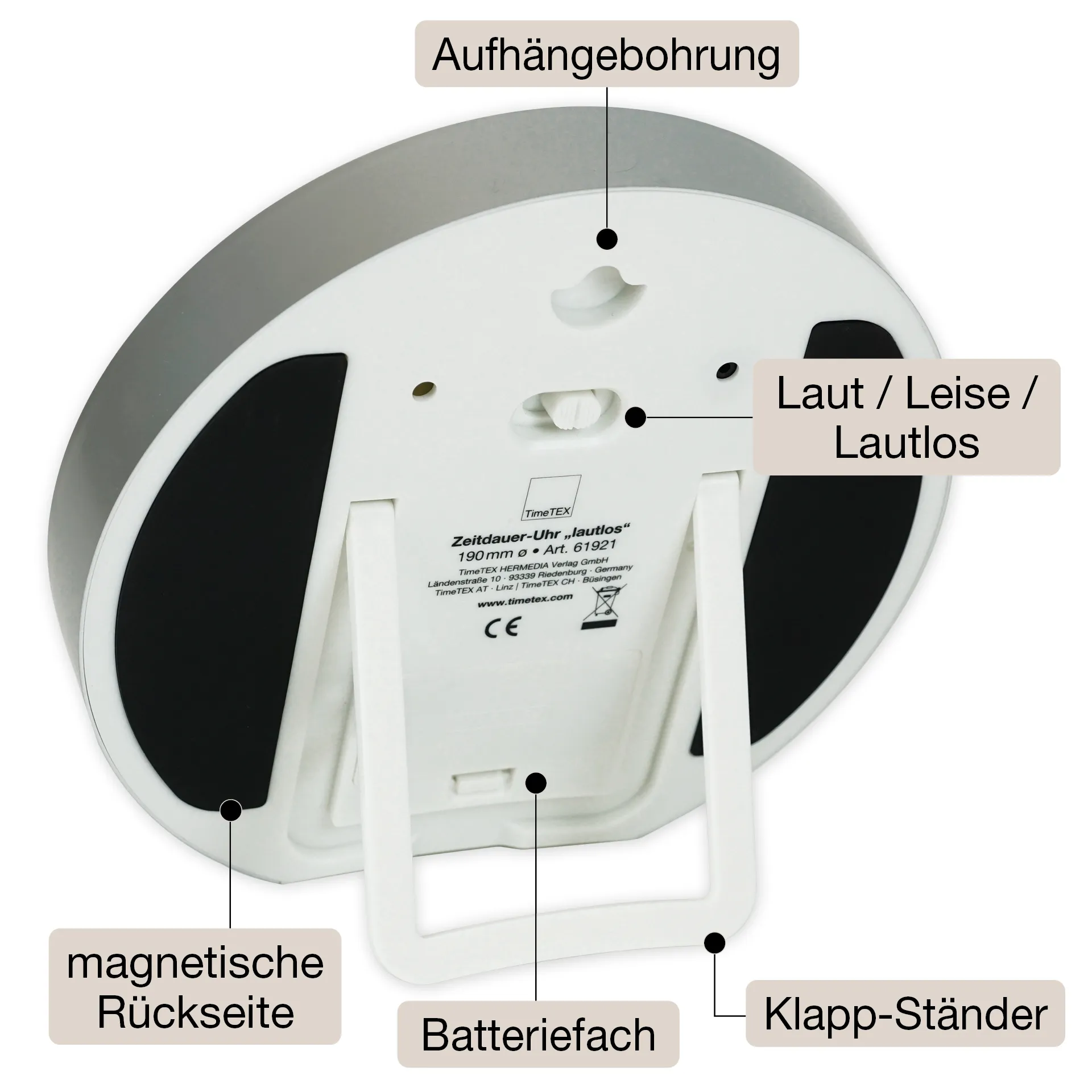 TimeTEX Zeitdauer-Uhr "lautlos" L, 19 cm ø