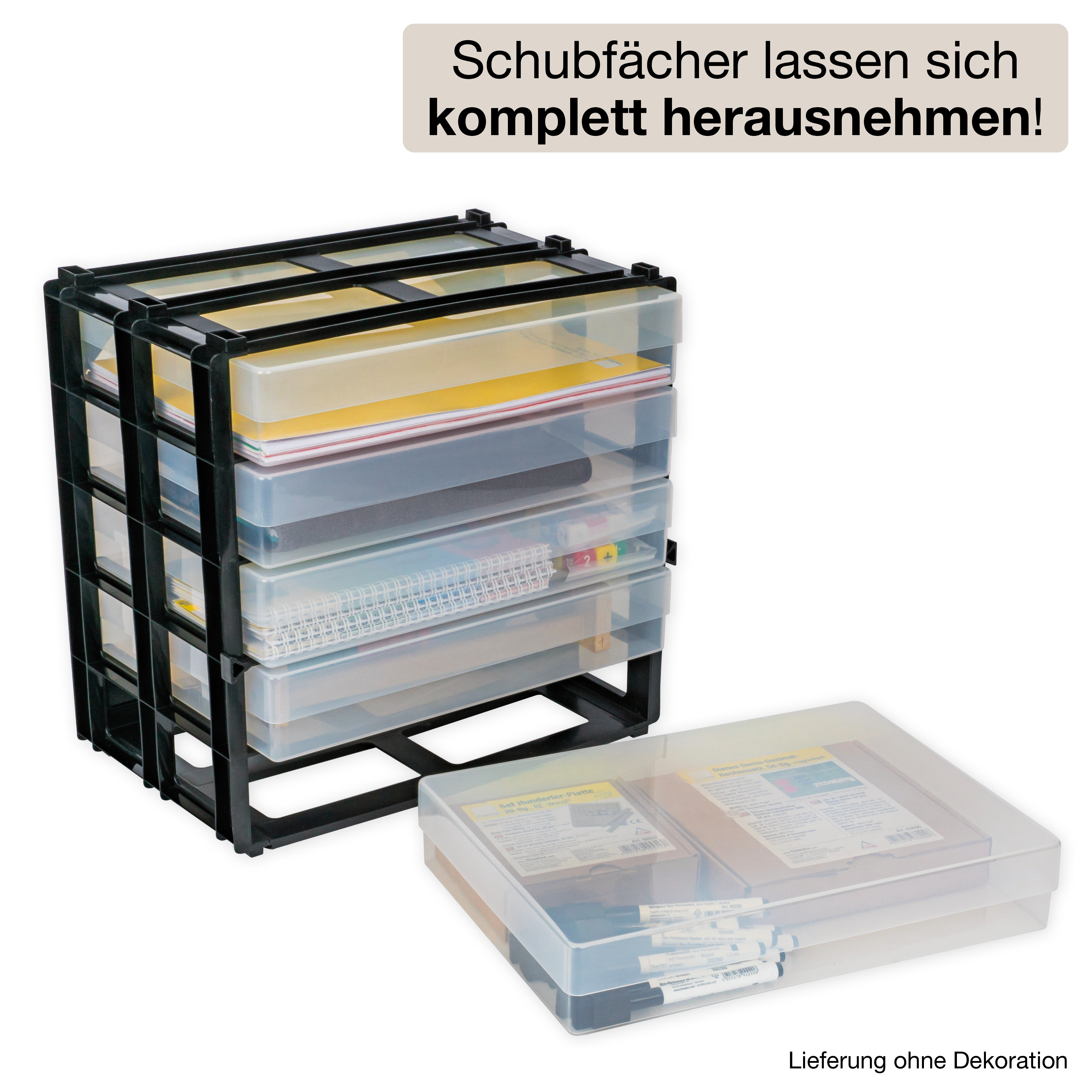 Schubladen-Block mit 5 Kunststoff-Boxen A4, stapelbar