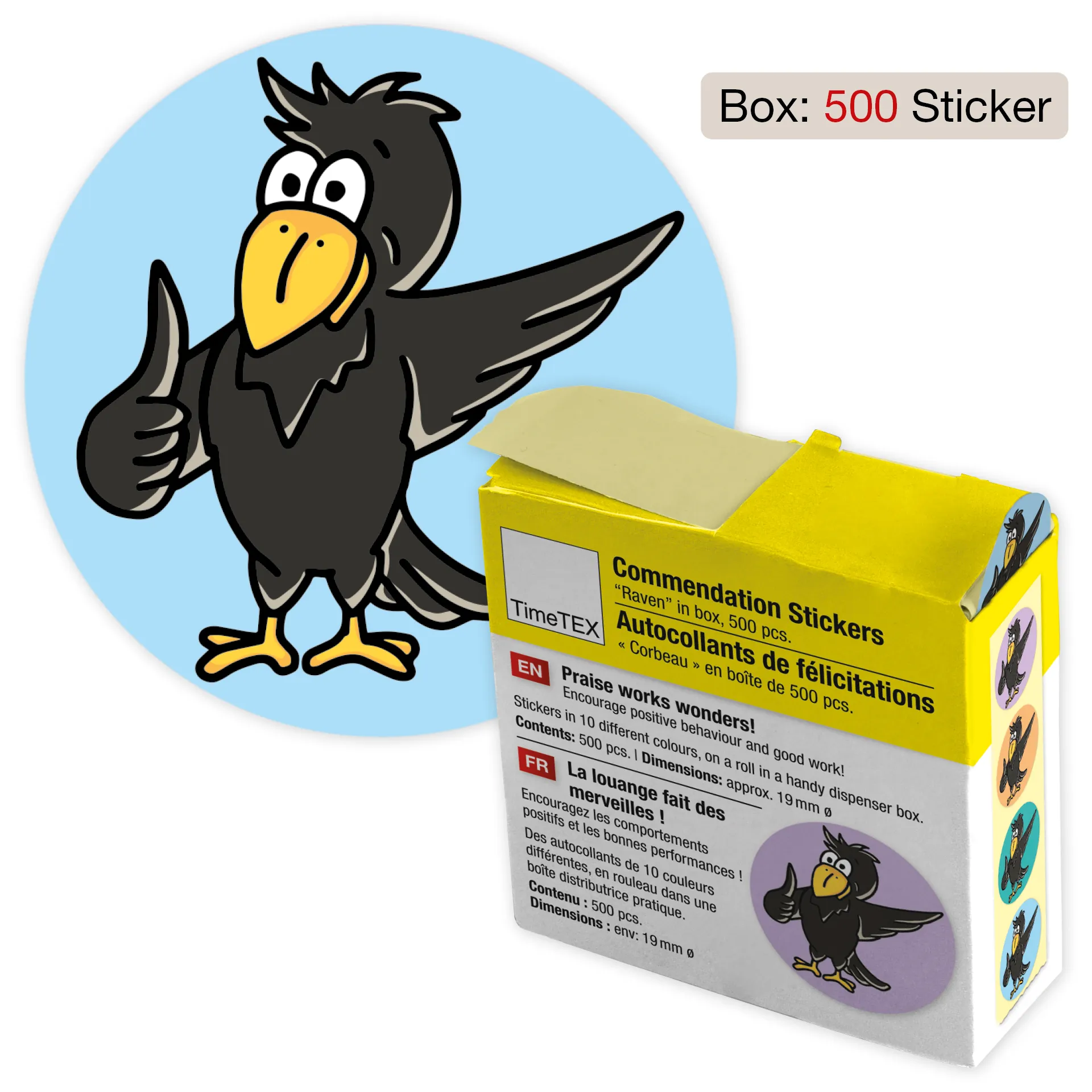 Belobigungs-Aufkleber "Rabe" in Spender-Box, 500 Stück