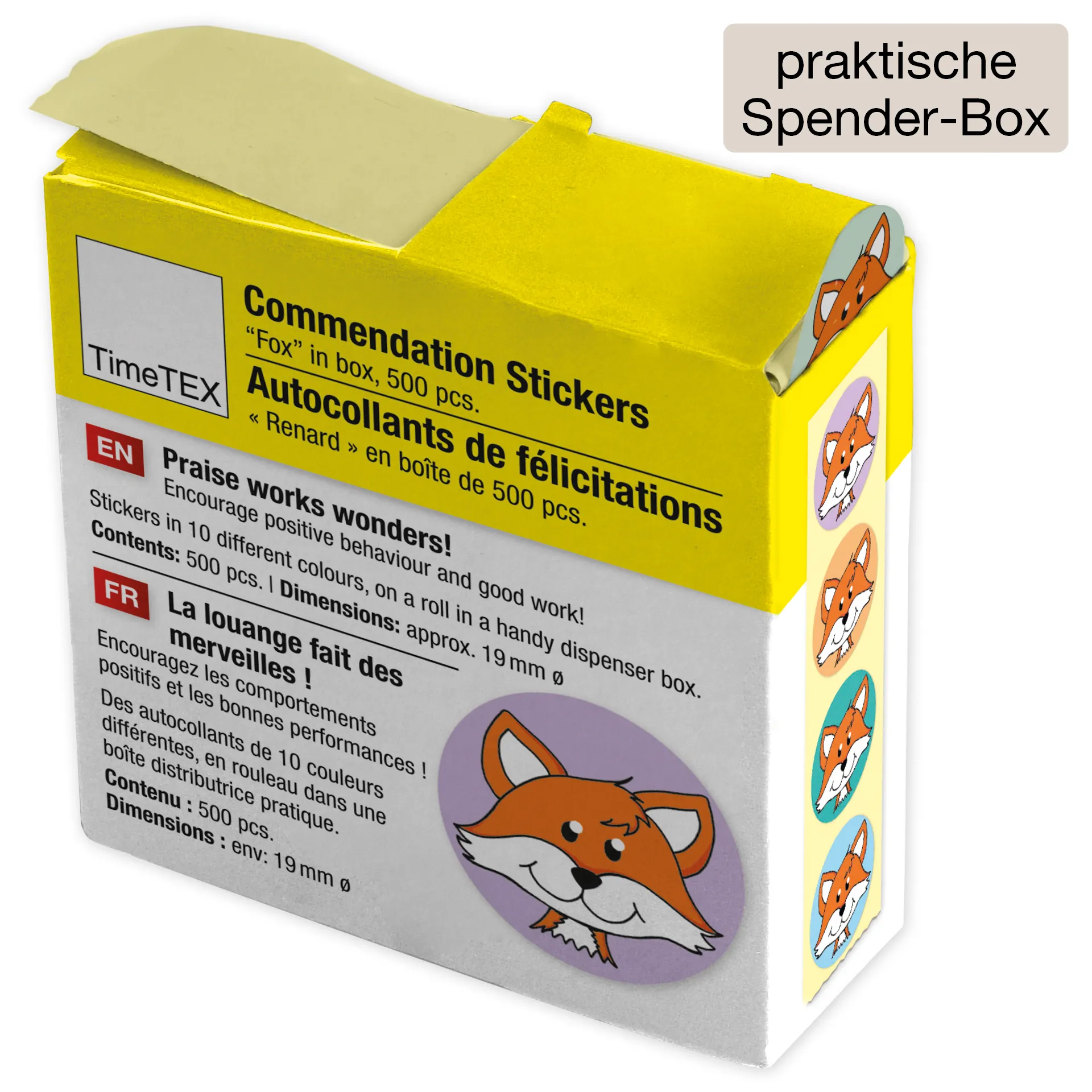 Belobigungs-Aufkleber "Fuchs" in Spender-Box, 500 Stück
