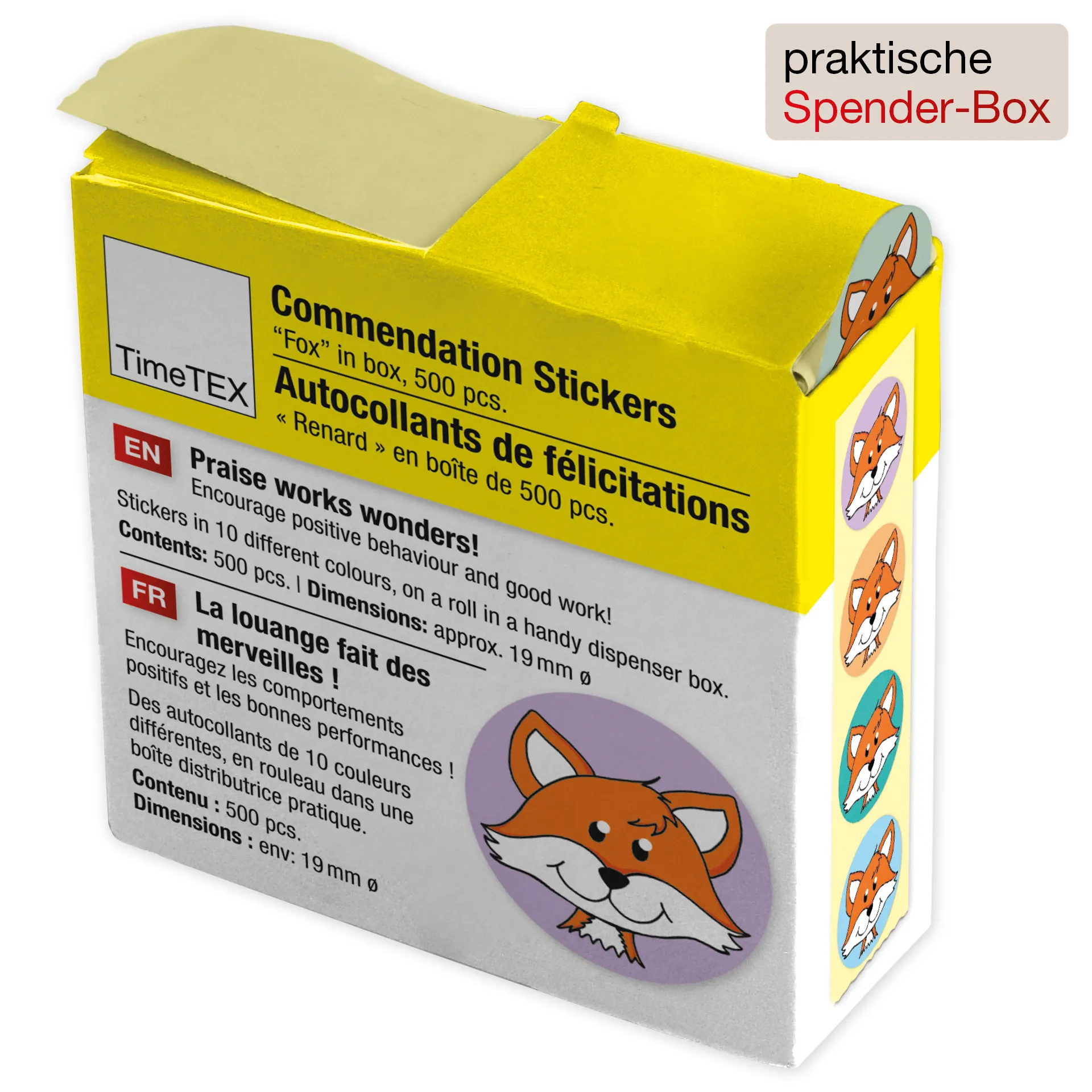 Belobigungs-Aufkleber "Fuchs" in Spender-Box, 500 Stück