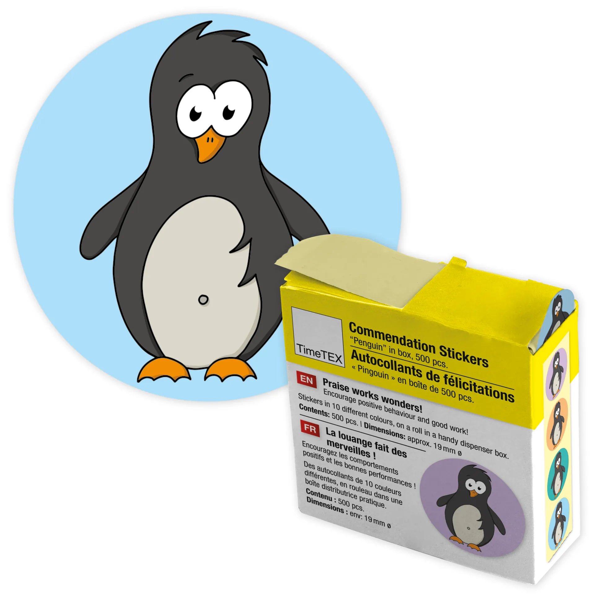 Belobigungs-Aufkleber "Pinguin" in Spender-Box, 500 Stück
