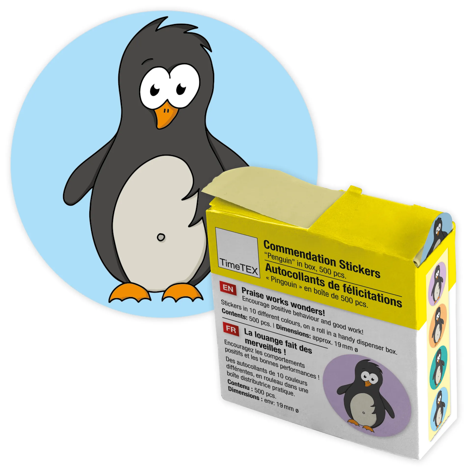 Belobigungs-Aufkleber "Pinguin" in Spender-Box, 500 Stück