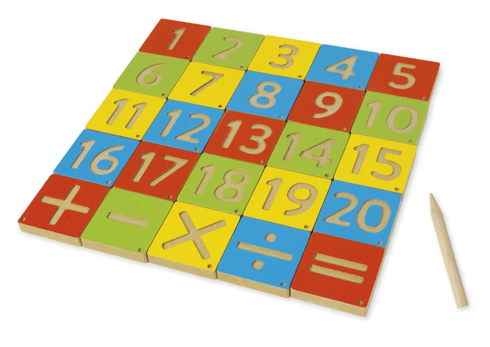 Zahlen-Platten 1-20, 6x6 cm, mit Rechenzeichen und Griffel, in Holzbox