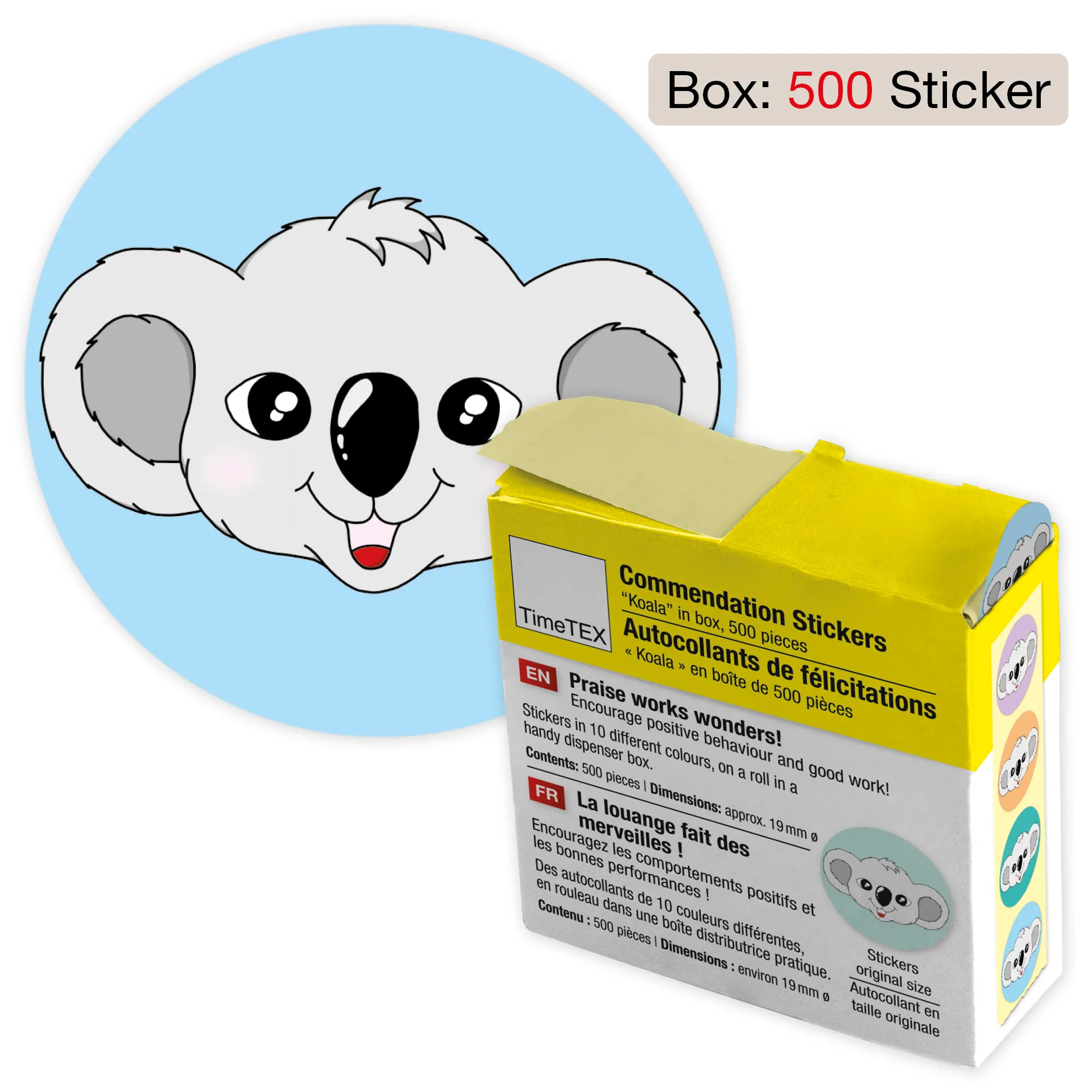 Belobigungs-Aufkleber "Koala" in Spender-Box, 500 Stück