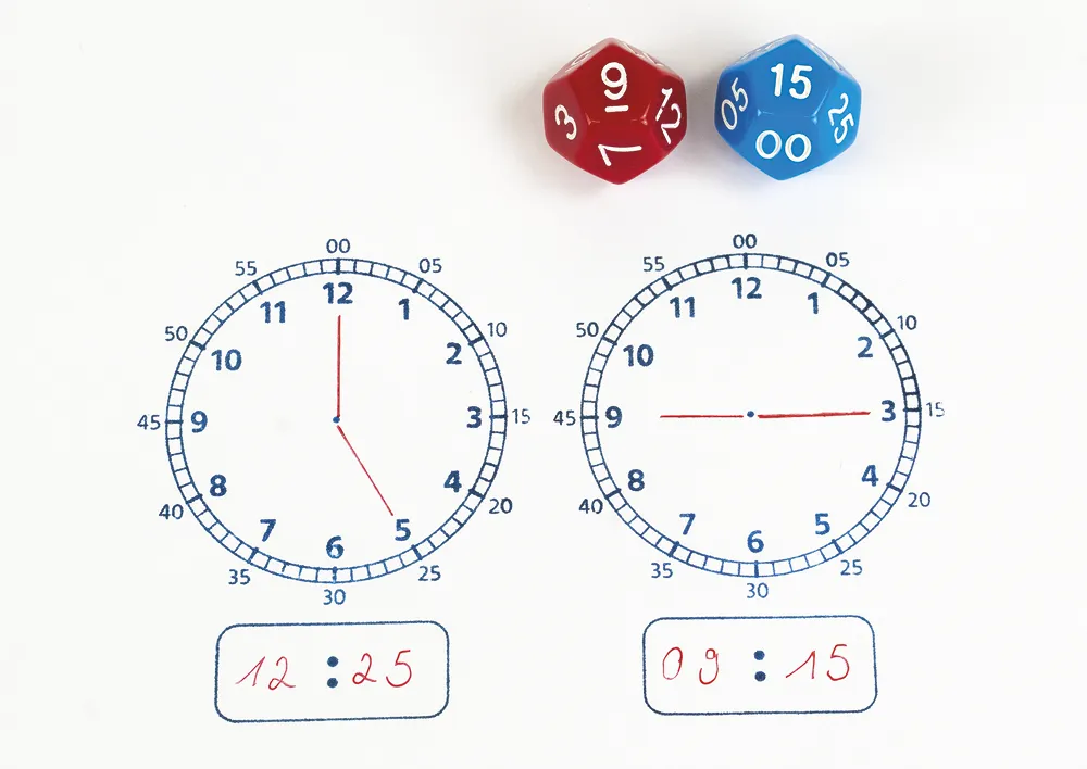 Uhrzeiten-Spiel "Analog/Digital", mit Stempel und Würfeln, 3-tlg.