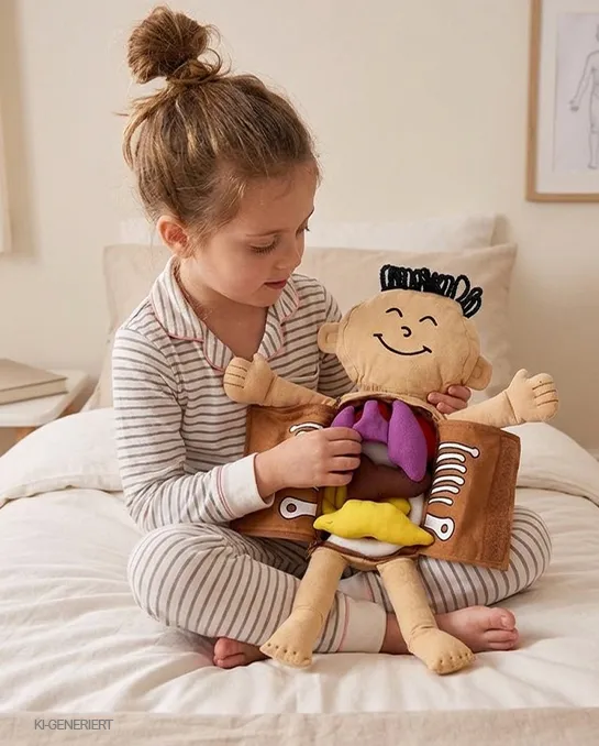 Ein Mädchen sitzt auf einem Bett und spielt mit einer Puppe und die innere Organe der Puppe