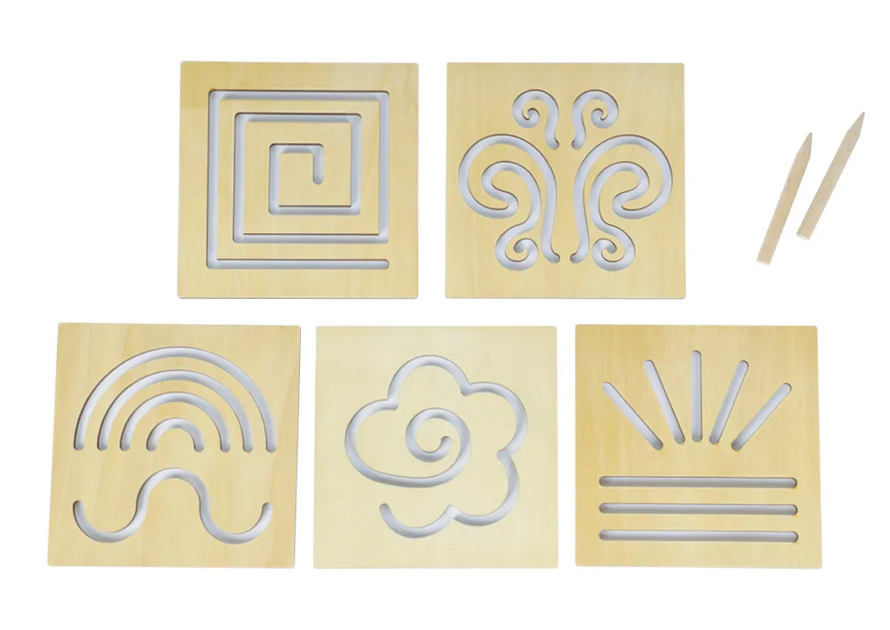 Set Schwungübungs-Schablonen mit Rahmen und Griffel, 7-tlg., in Holzbox