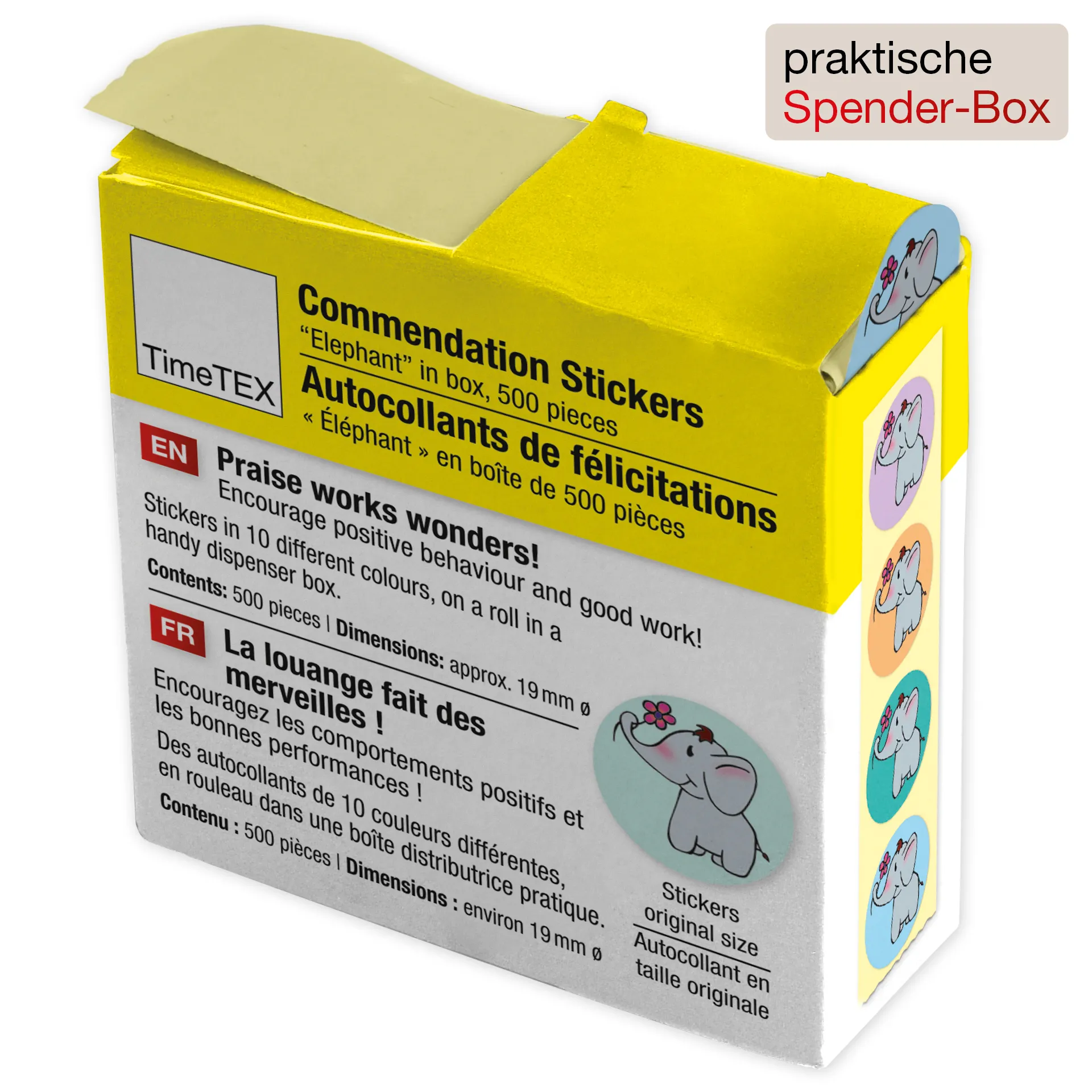 Belobigungs-Aufkleber "Elefant" in Spender-Box, 500 Stück